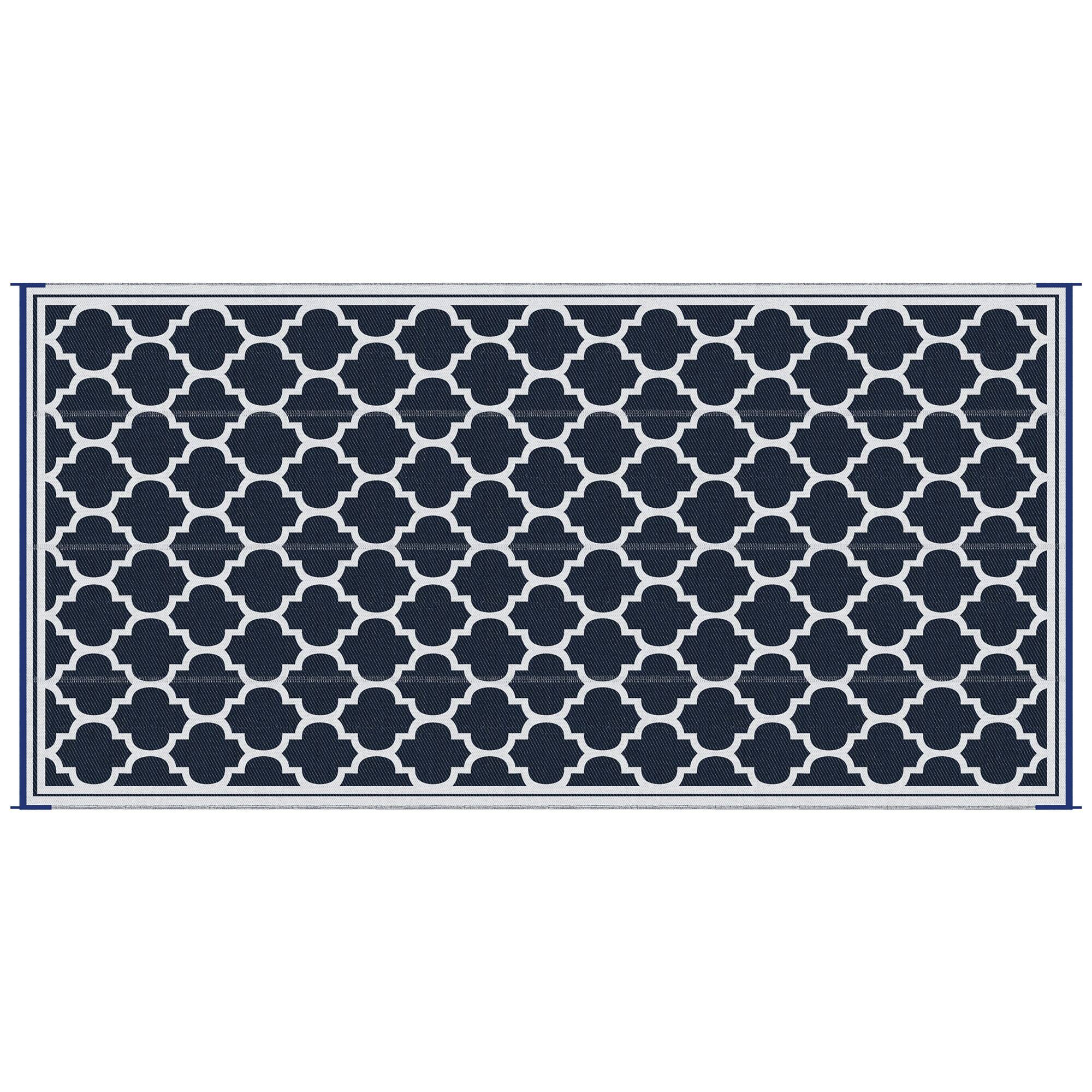 Front. Outsunny - Reversible Outdoor Rug, 9' x 18' Waterproof Plastic Straw Floor Mat, Portable RV Camping Carpet - Dark Blue, White.
