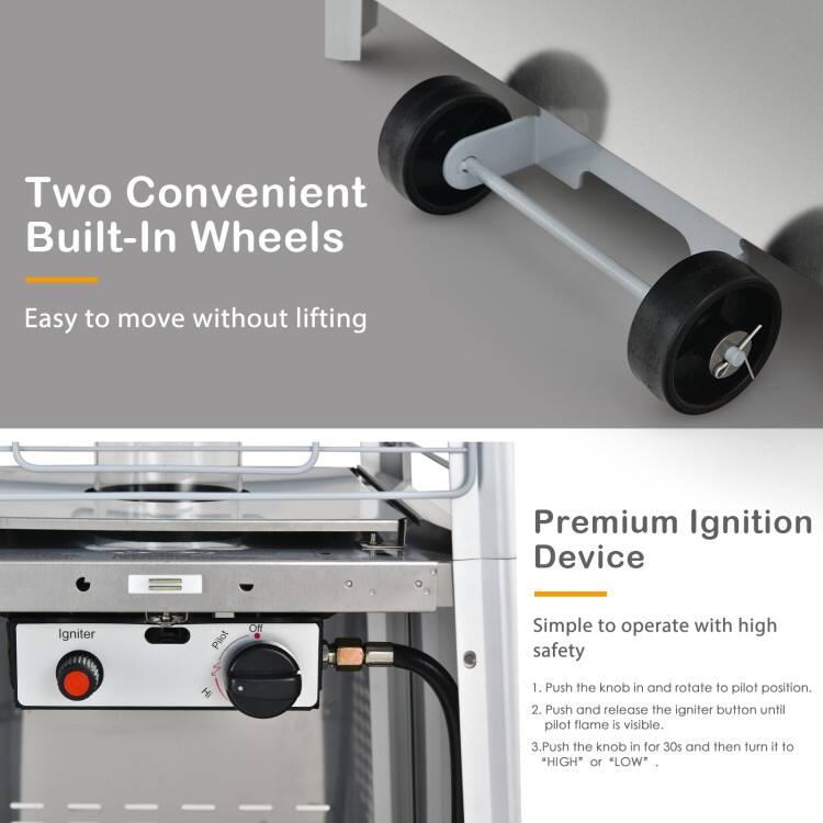 Two Convenient Built-In Wheels  
Easy to move without lifting  

Premium Ignition Device  
Simple to operate with high safety  

1. Push the knob in and rotate to pilot position.  
2. Push and release the igniter button until pilot flame is visible.  
3. Push the knob in for 30s and then turn it to "HIGH" or "LOW"