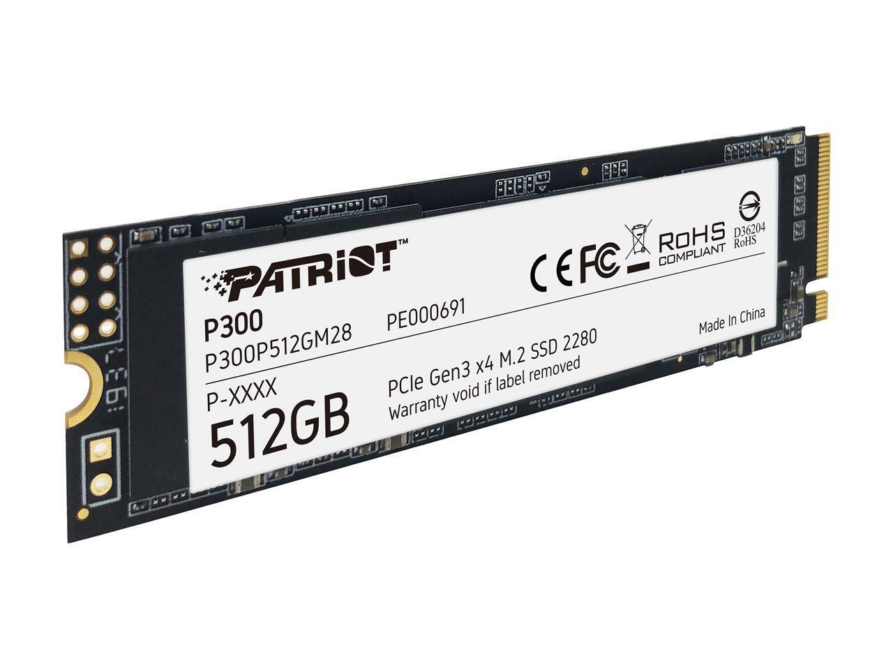 ECBU 8888  
0 ROHS D36204  
RoHS CEFC COMPLIANT  
PATRIOT P300 PE000691  
Made In China  
P300P512GM28  
SSD 2280 X4 M.2  
PCle Gen3  
Warranty void if label removed  
512GB  
HNga!