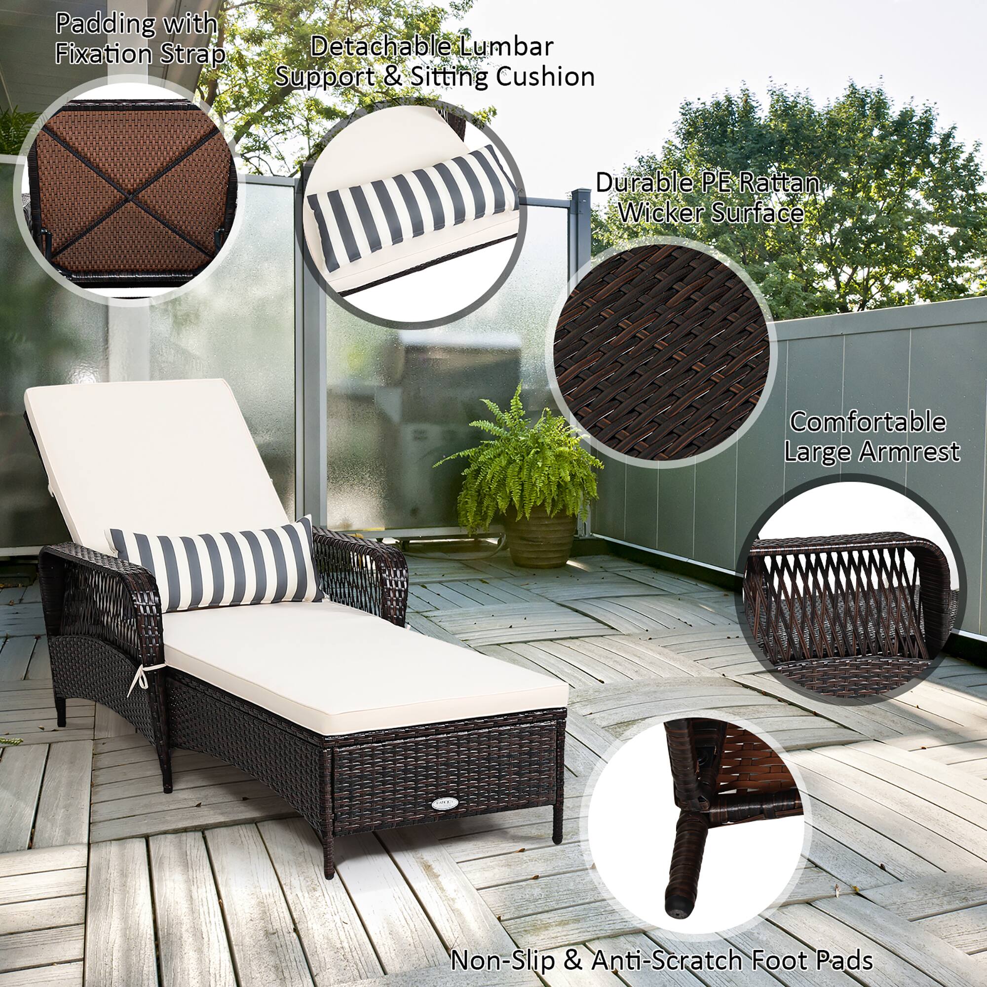 - Padding with Fixation Strap
- Detachable Lumbar Support & Sitting Cushion
- Durable PE Rattan Wicker Surface
- Comfortable Large Armrest
- Non-Slip & Anti-Scratch Foot Pads