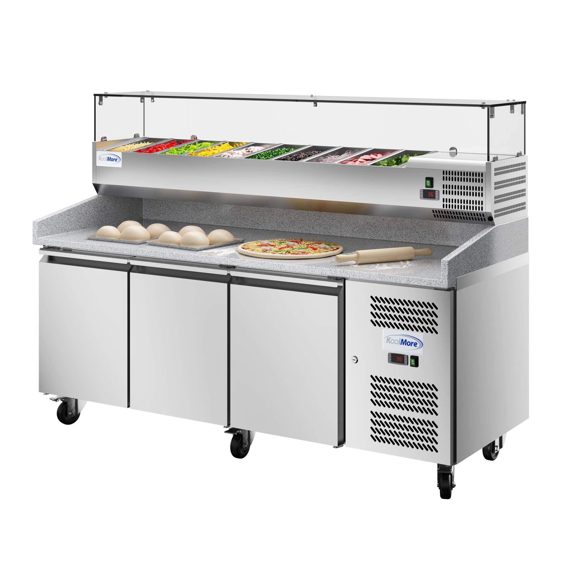 The image shows a commercial pizza oven with a pizza inside, placed on a stainless steel counter. The oven is filled with pizzas and bread, and there are also several pizzas on the counter. The oven is designed to cook pizzas quickly and efficiently, making it a popular choice for pizzerias and restaurants. The stainless steel construction ensures durability and easy maintenance, making it a practical choice for busy kitchens.