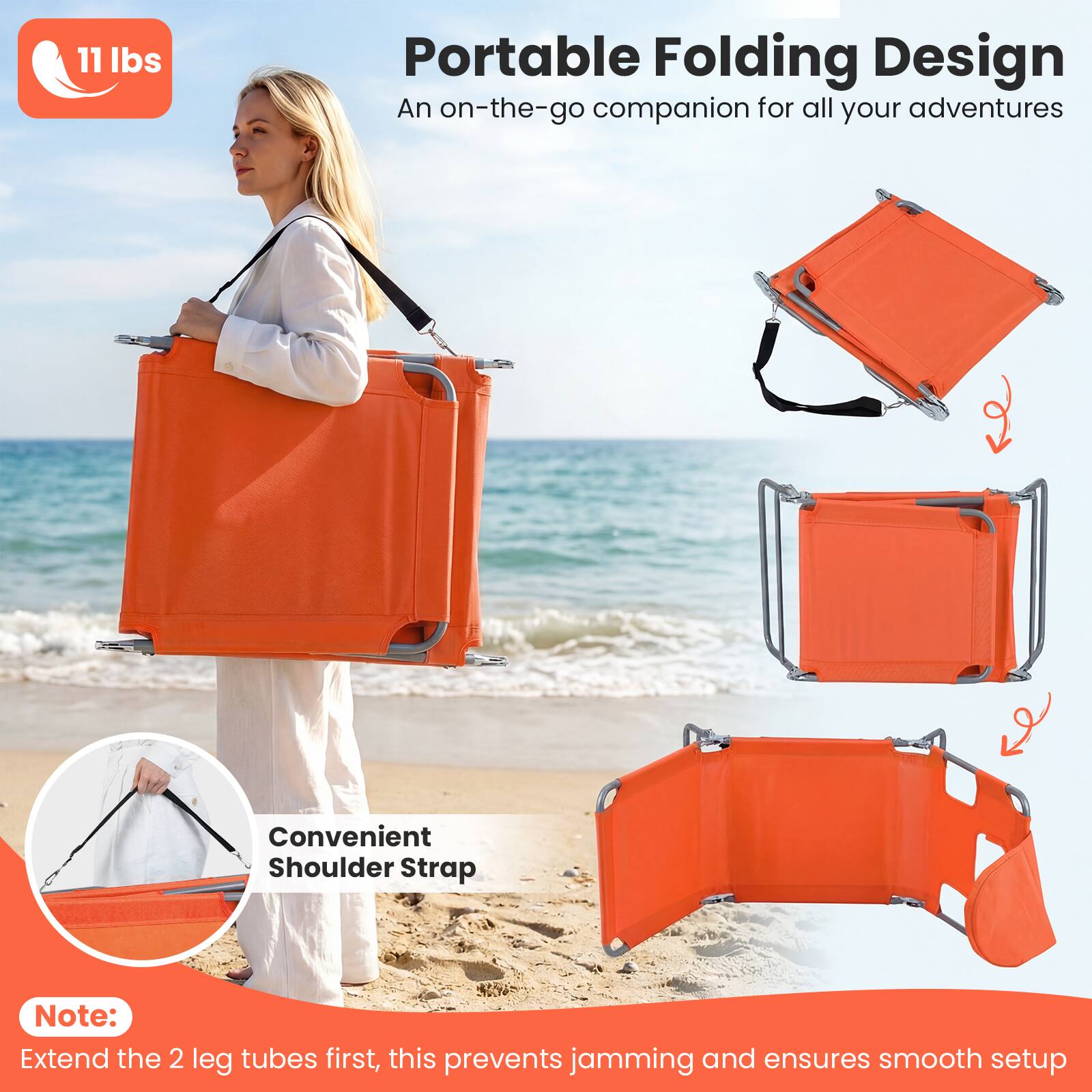 11 lbs Portable Folding Design  
An on-the-go companion for all your adventures  

Convenient Shoulder Strap  

Note:  
Extend the 2 leg tubes first, this prevents jamming and ensures smooth setup