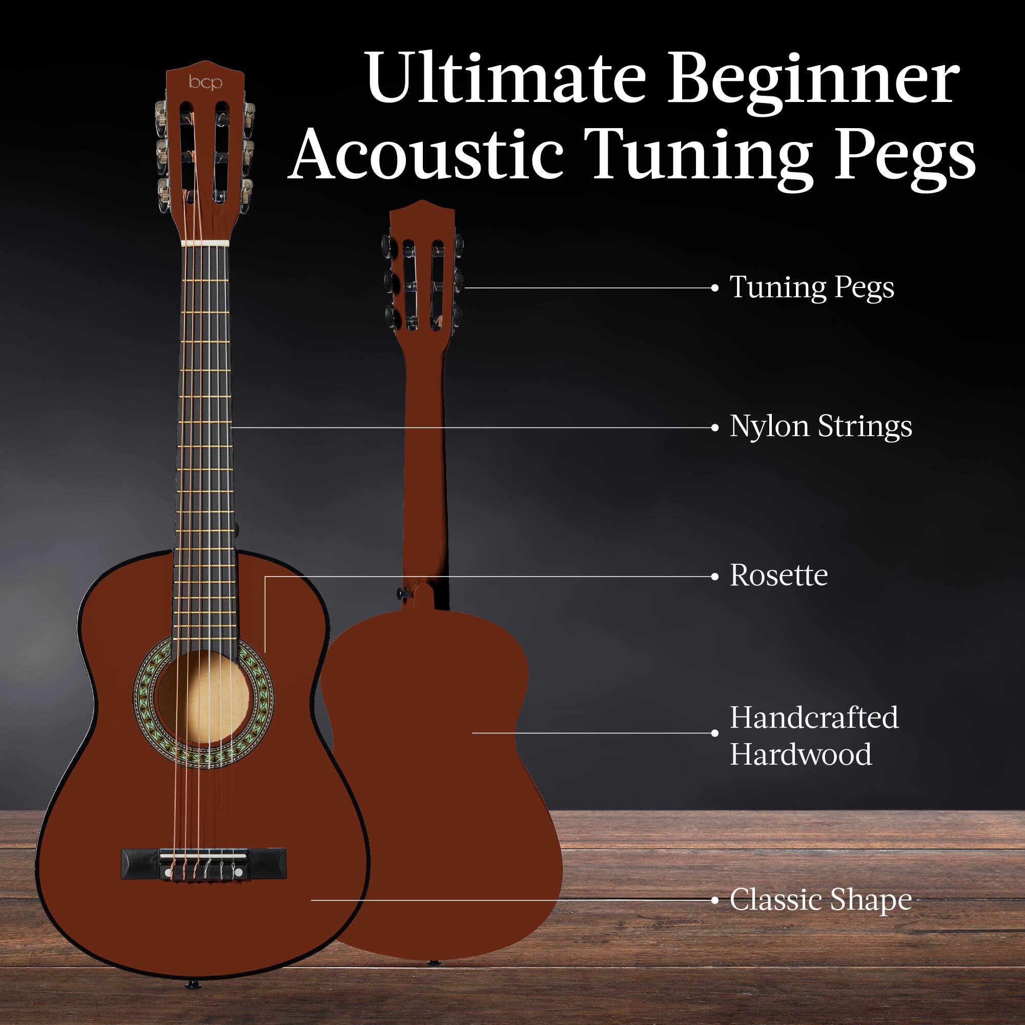 Ultimate Beginner Acoustic Tuning Pegs

- Tuning Pegs
- Nylon Strings
- Rosette
- Handcrafted Hardwood
- Classic Shape