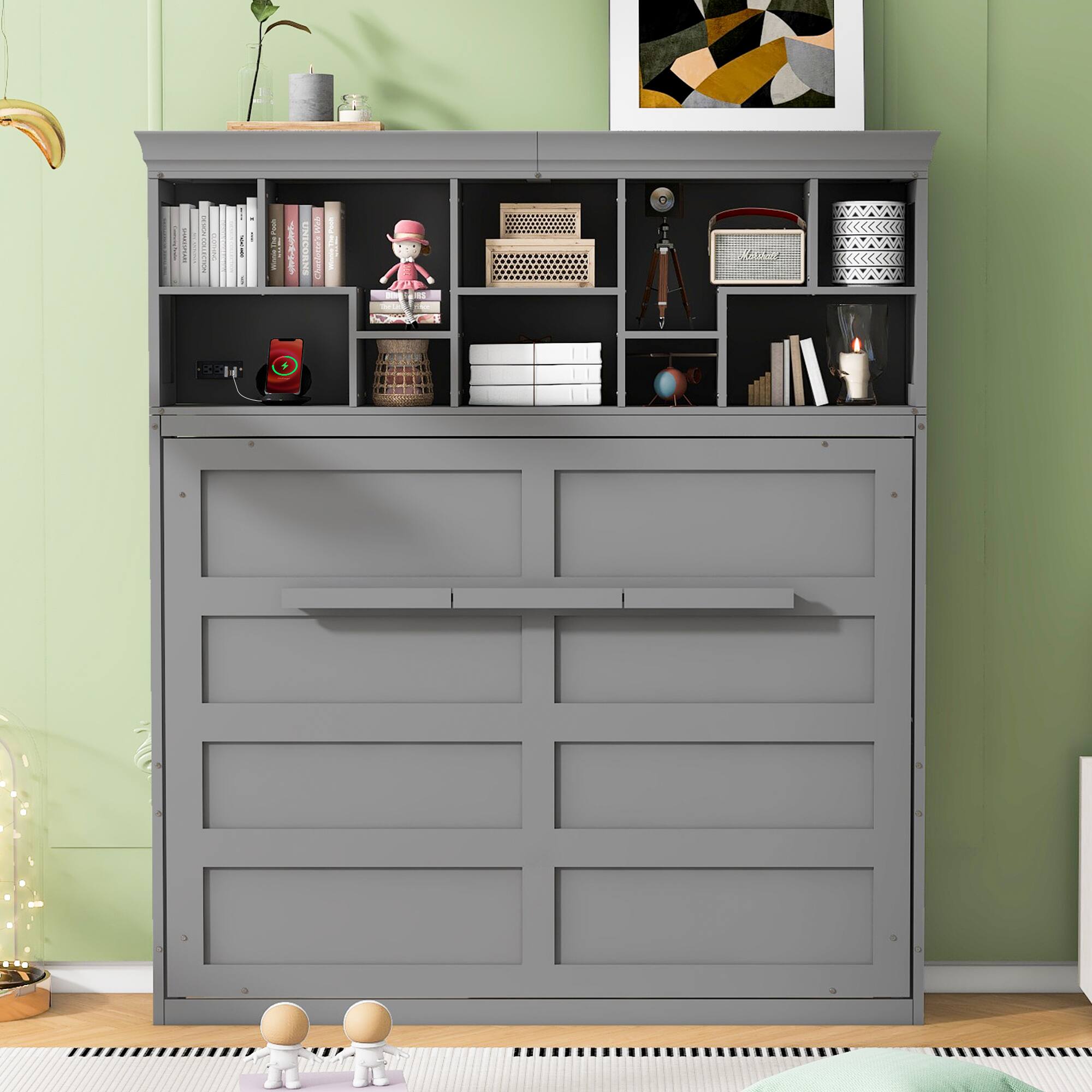 Angle. Tiramisubest - Queen Size Murphy Bed with Shelves & USB, Gray, Plywood, Space-Saving - Gray.