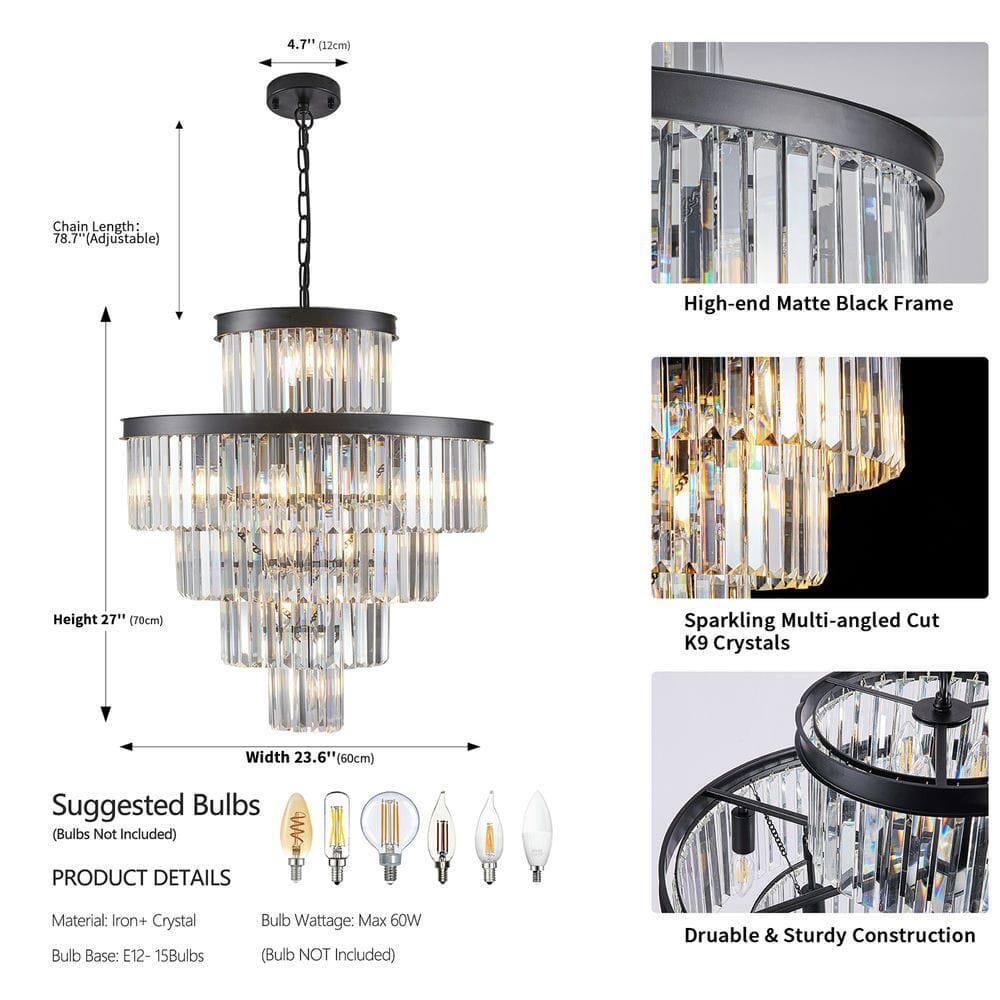 **Chain Length:** 78.7" (Adjustable)

**High-end Matte Black Frame Height:** 27" (70cm)

**Width:** 23.6" (60cm)

**Suggested Bulbs (Bulbs Not Included)**

**PRODUCT DETAILS**

- **Material:** Iron + Crystal
- **Bulb Base:** E12 - 15Bulbs
- **Bulb Wattage:** Max 60W (Bulb NOT Included)
- **Durable & Sturdy Construction**

**Sparkling Multi-angled Cut K9 Crystals**