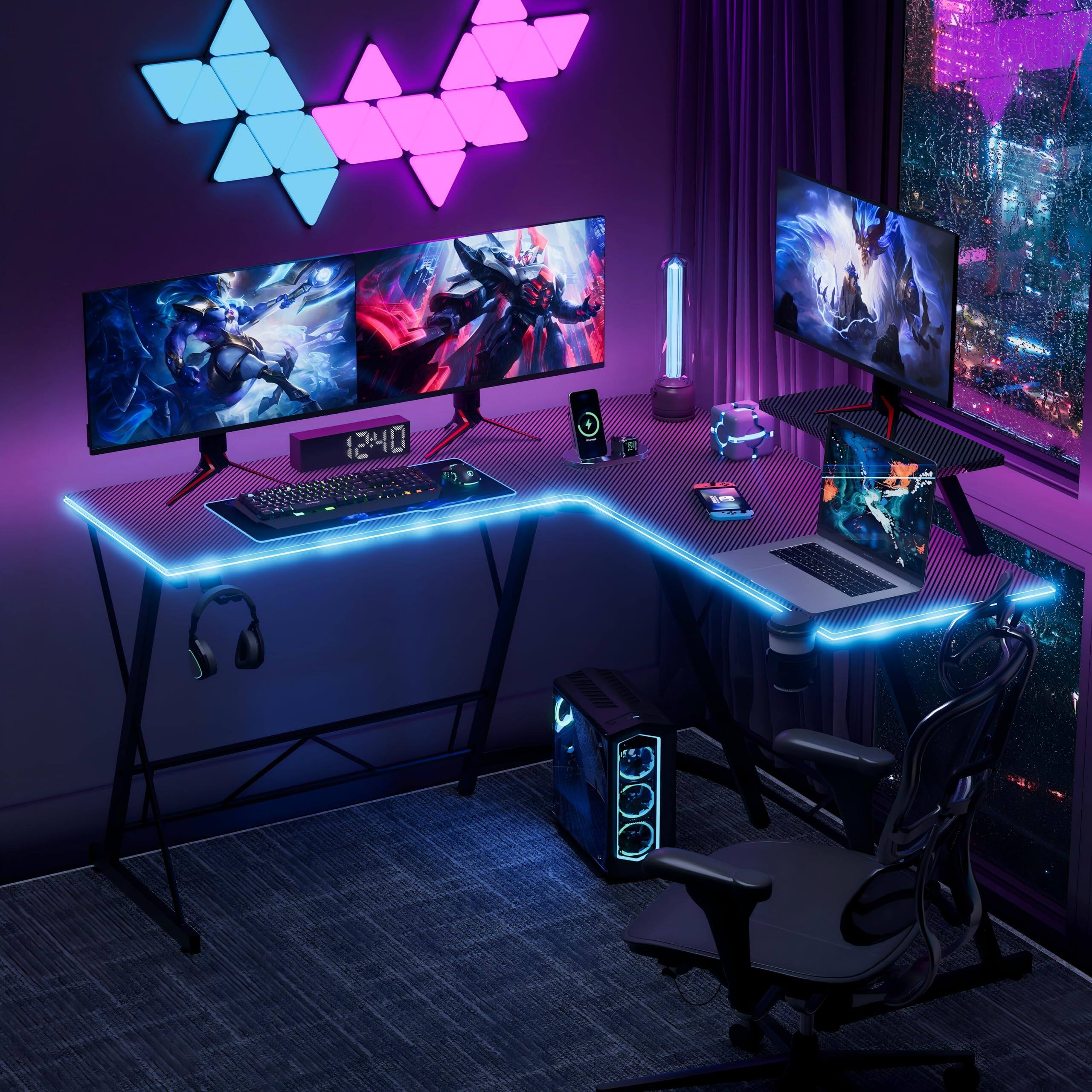 Angle. COQOOL - Gaming Desk with LED Lights, Computer Desk Home Office Desks with Large Monitor Stand, Carbon Fiber Surface, 51 Inch - Black.