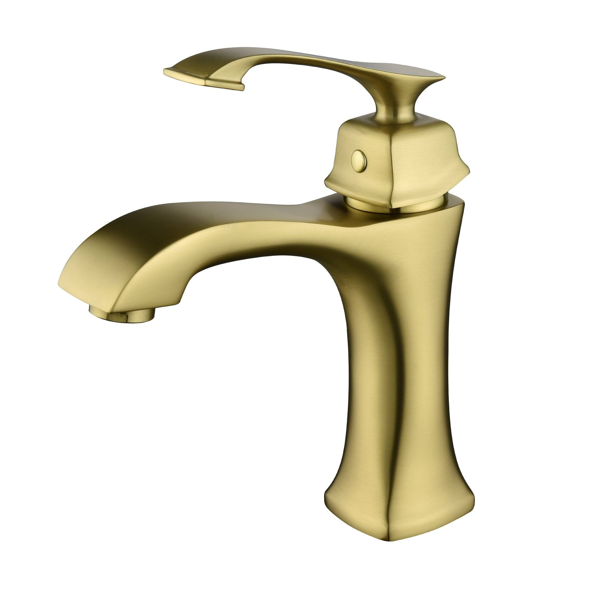 Left. Boyel Living - 1.2 GPM Single Handle Single Hole Bathroom Faucet with Water Supply Hose and Mounting Hardware in Brushed Gold - Brushed Gold.