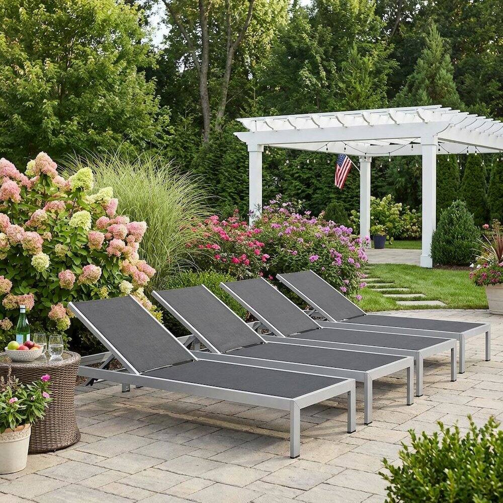 Left. Outdoor Escape - Aluminum Patio Chaise Lounge Set Of 4 With Comfortable Backrests - Black.
