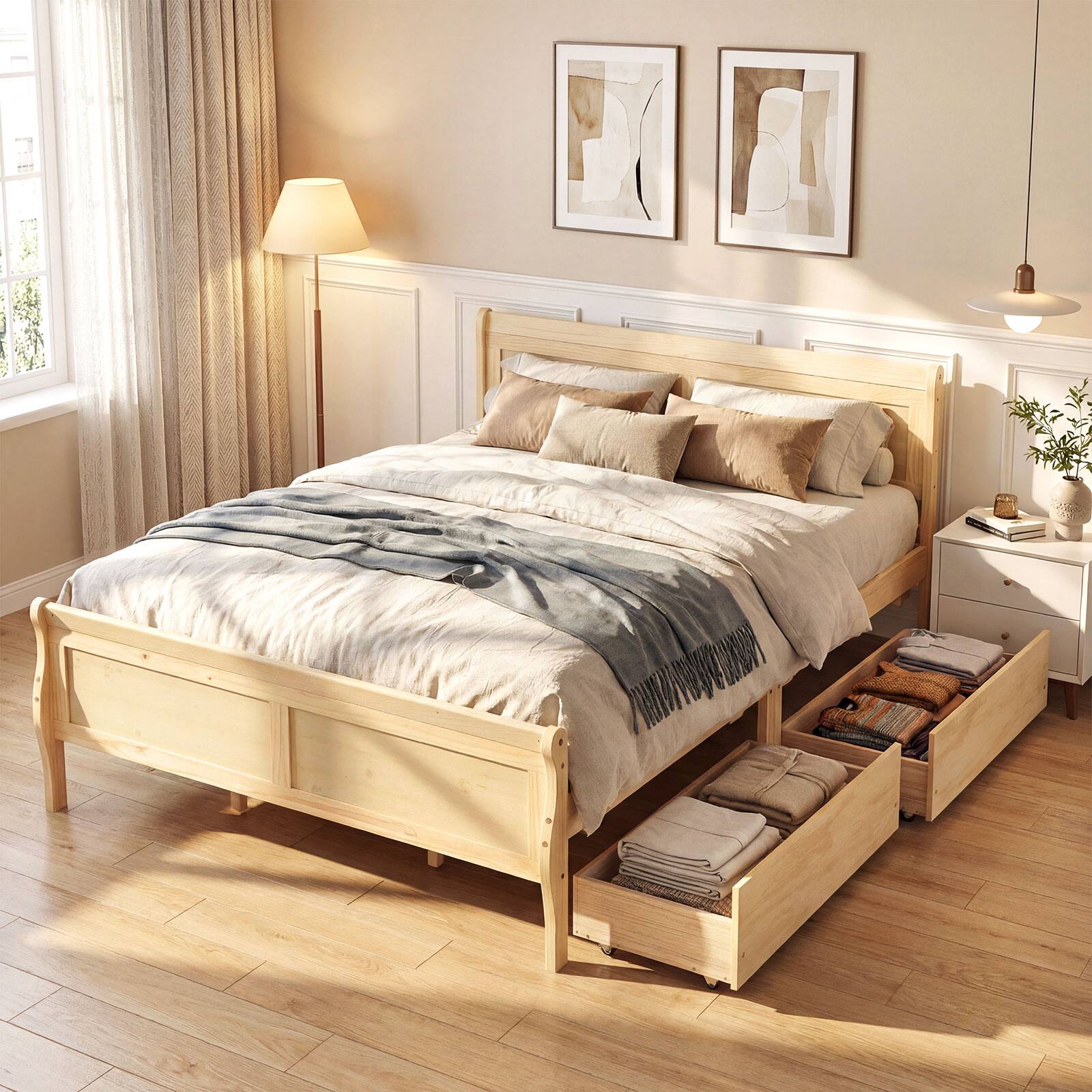 Alt View 4. Costway - Costway Queen Size Bed Frame with Storage Drawers, Wood Platform Bed with Headboard Footboard - Natural.