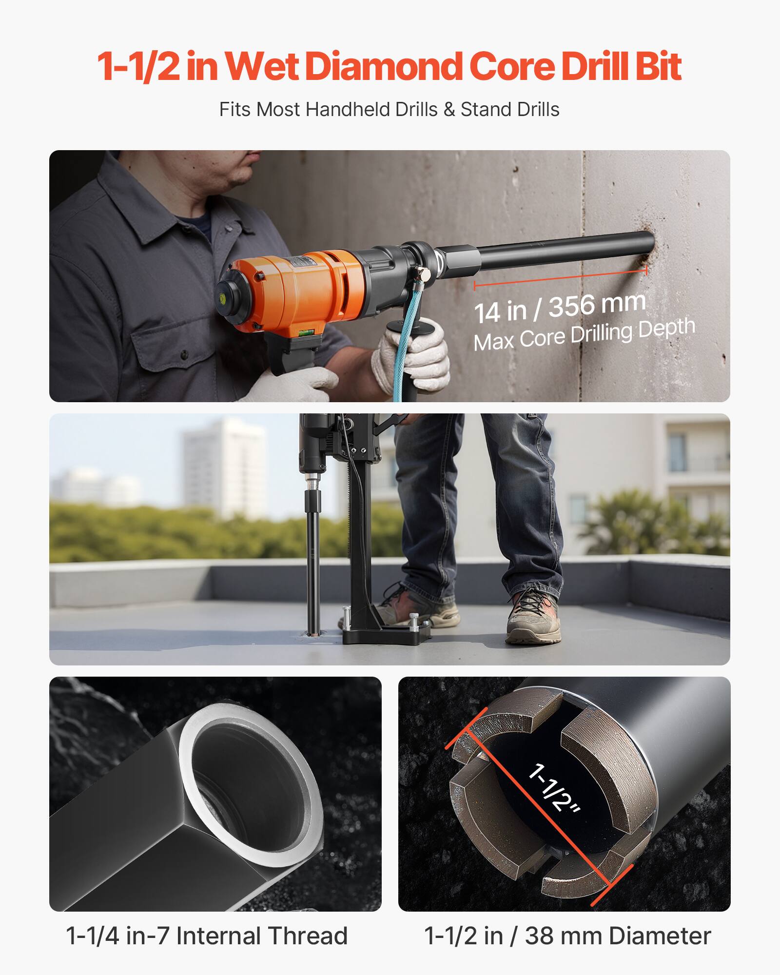 1-1/2 in Wet Diamond Core Drill Bit  
Fits Most Handheld Drills & Stand Drills  

14 in / 356 mm Core Drilling Depth  

1-1/4 in-7 Internal Thread  

1-1/2 in / 38 mm Diameter