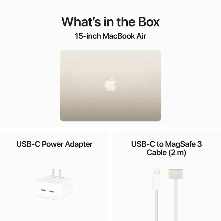 What's in the Box: 15-inch MacBook Air, USB-C Power Adapter, USB-C to MagSafe 3 Cable (2m).