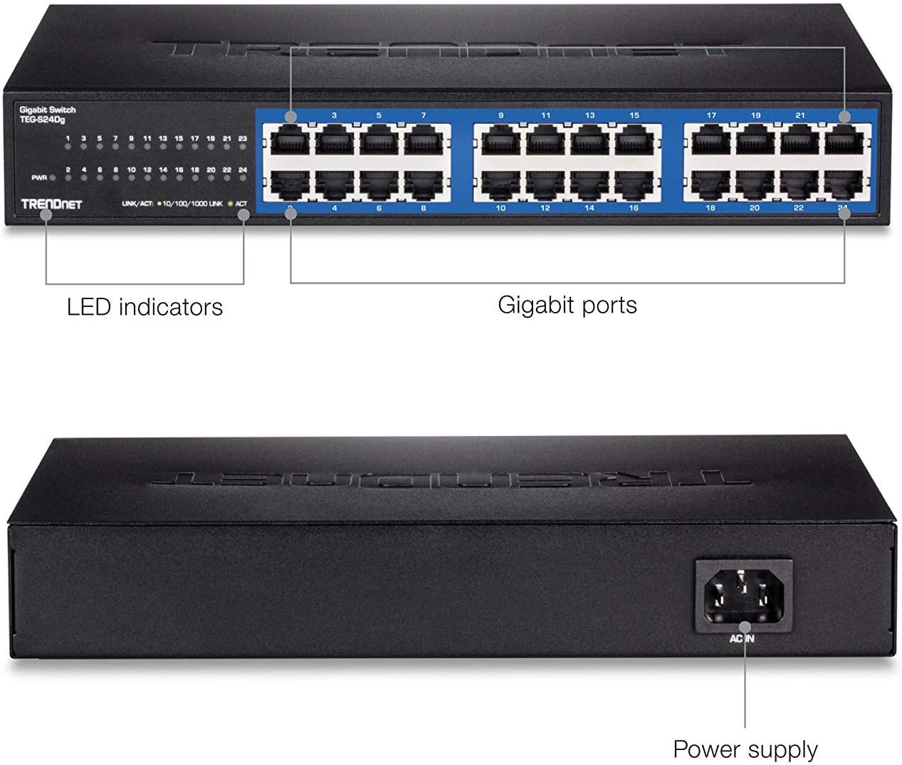 Gigabit Switch TEG-S24Dg

3 5 7 9 11 13 15 17 19 21 23
1 3 5 7 9 11 13 15 17 19 21 23

LED indicators

Gigabit ports

TRENDNET

UNK/ACT: 10/100/1000 LINK ACT

10 12 14 16 18 20 22 24

1G

Power supply