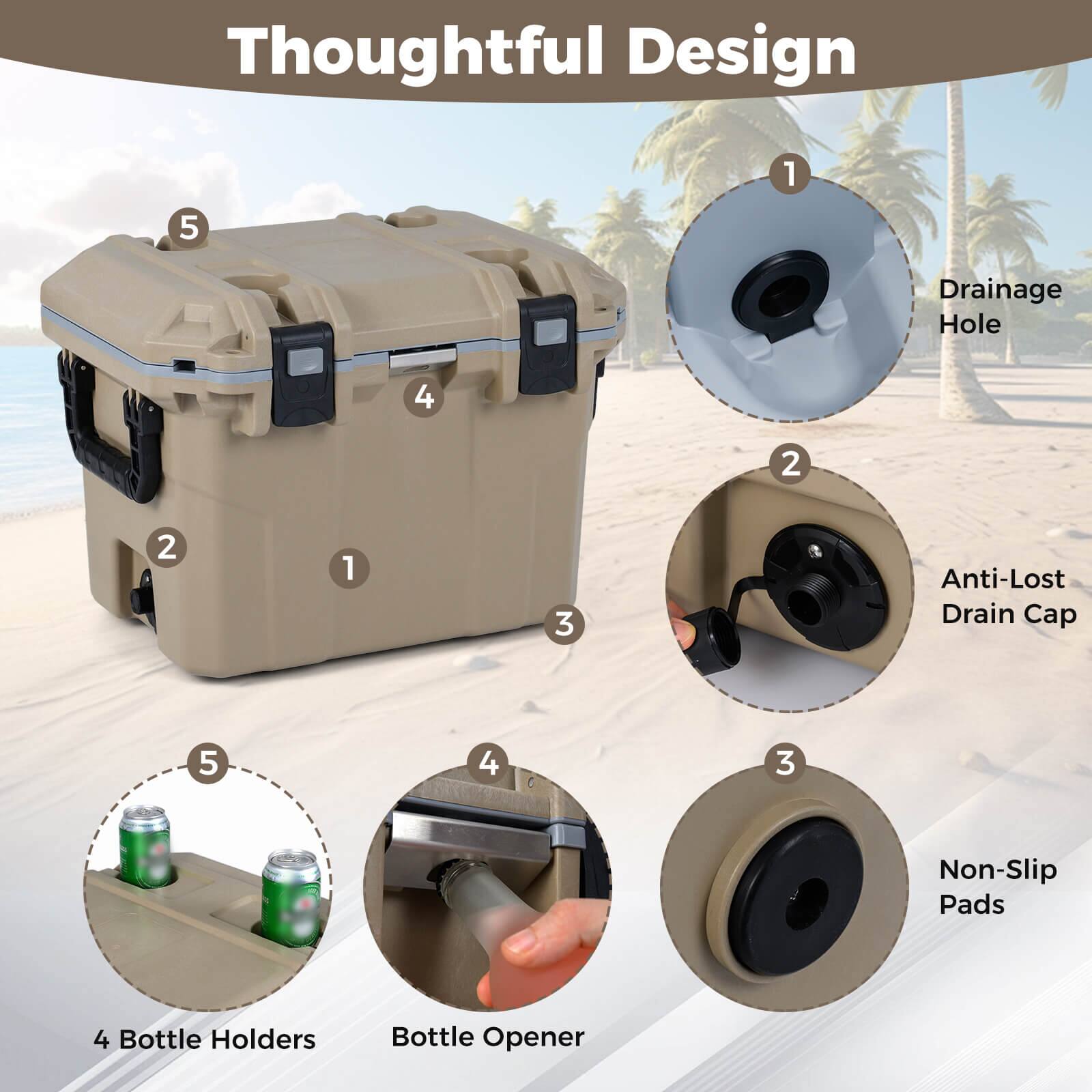 Thoughtful Design

1. Drainage Hole
2. Anti-Lost Drain Cap
3. Non-Slip Pads
4. Bottle Opener
5. 4 Bottle Holders