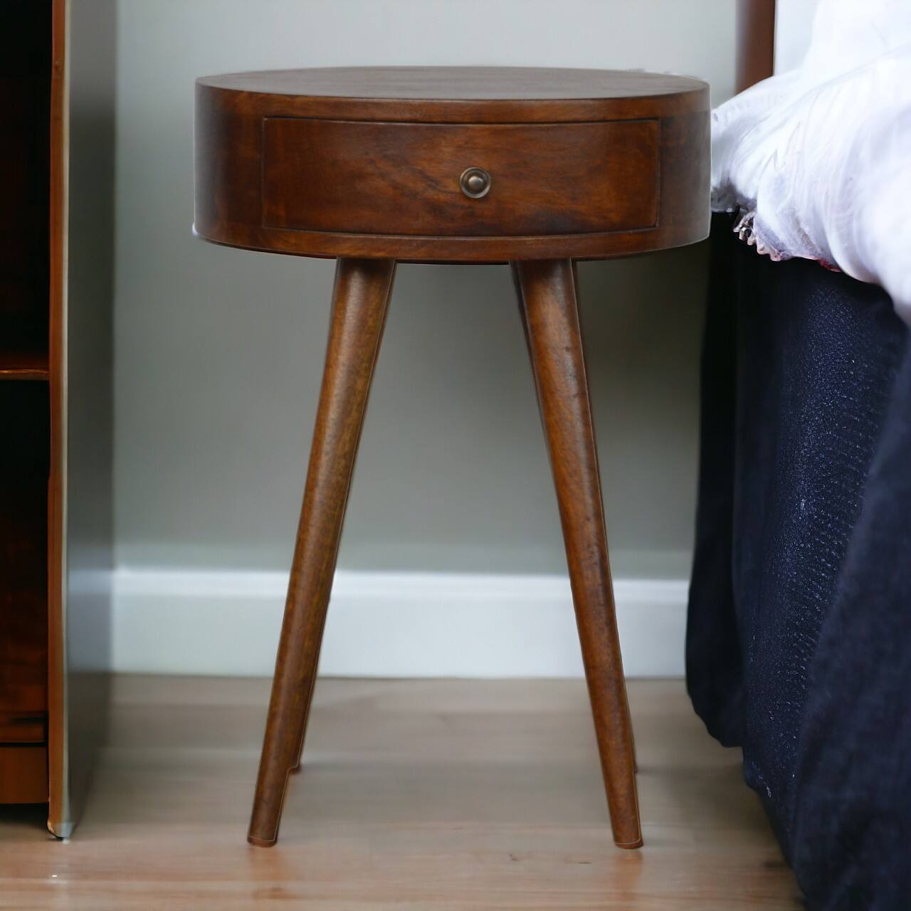 Alt View 6. Artisan Furniture - Artisan Furniture Solid Wood Nordic Chestnut Circular Nightstand, 1 Drawer, Nordic legs, Dark Brown - Chestnut.
