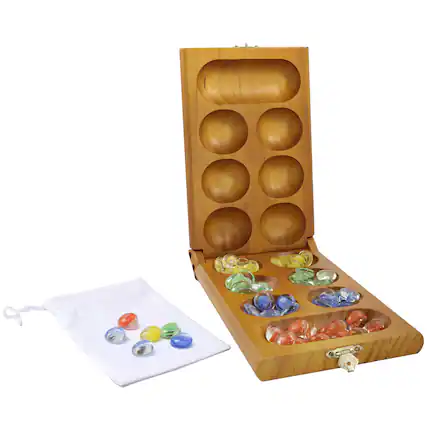 Front. GSE Games & Sports Expert - Folding Wooden Mancala Board Game with Multi-Color Glass Stones and Storage Bag, Travel Game - Oak.