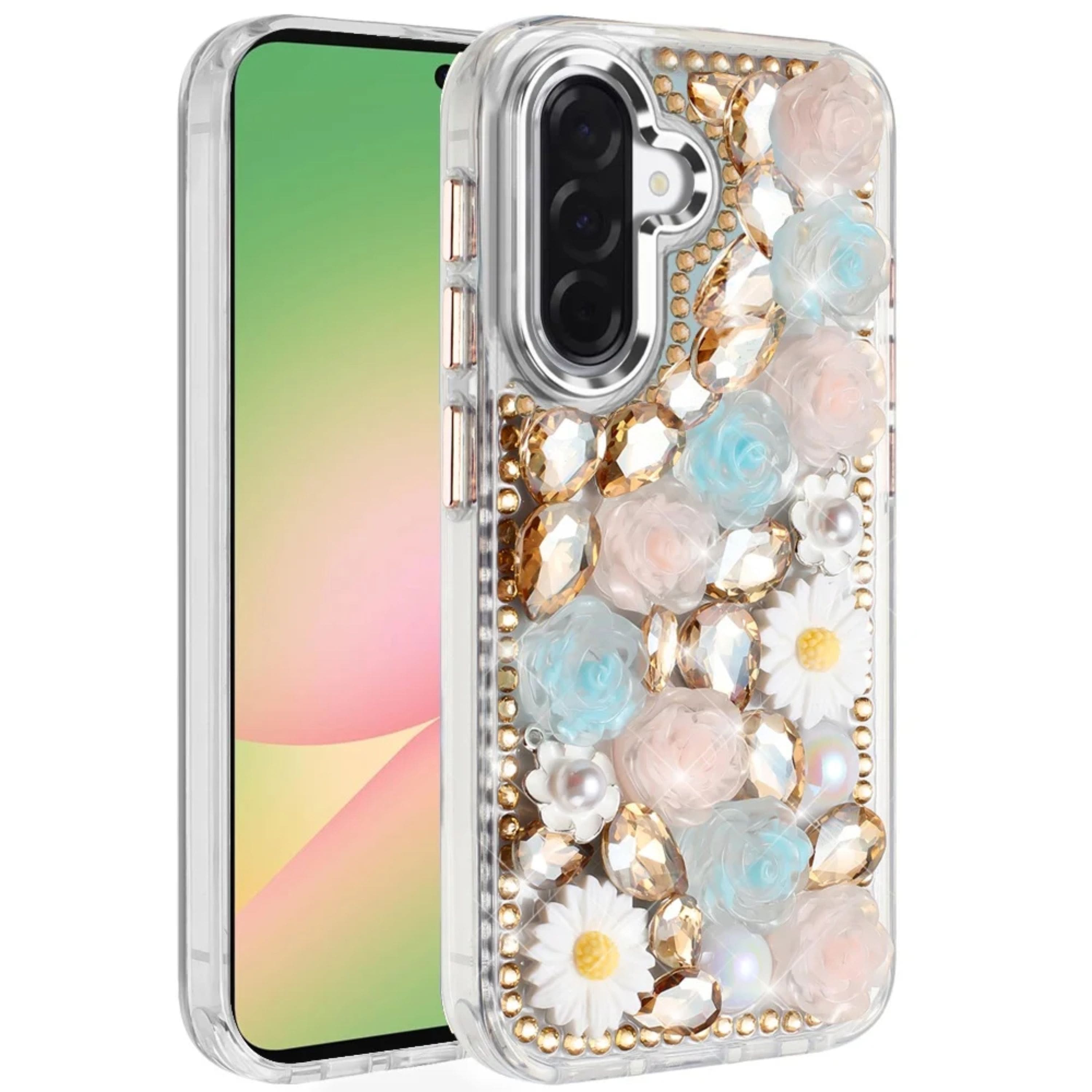 Kitcheniva - Full 3D Floral Rhinestone Jewel Phone Case With Tempered Glass For Samsung Galaxy A57 5G - Gold price history on PriceWatchPro