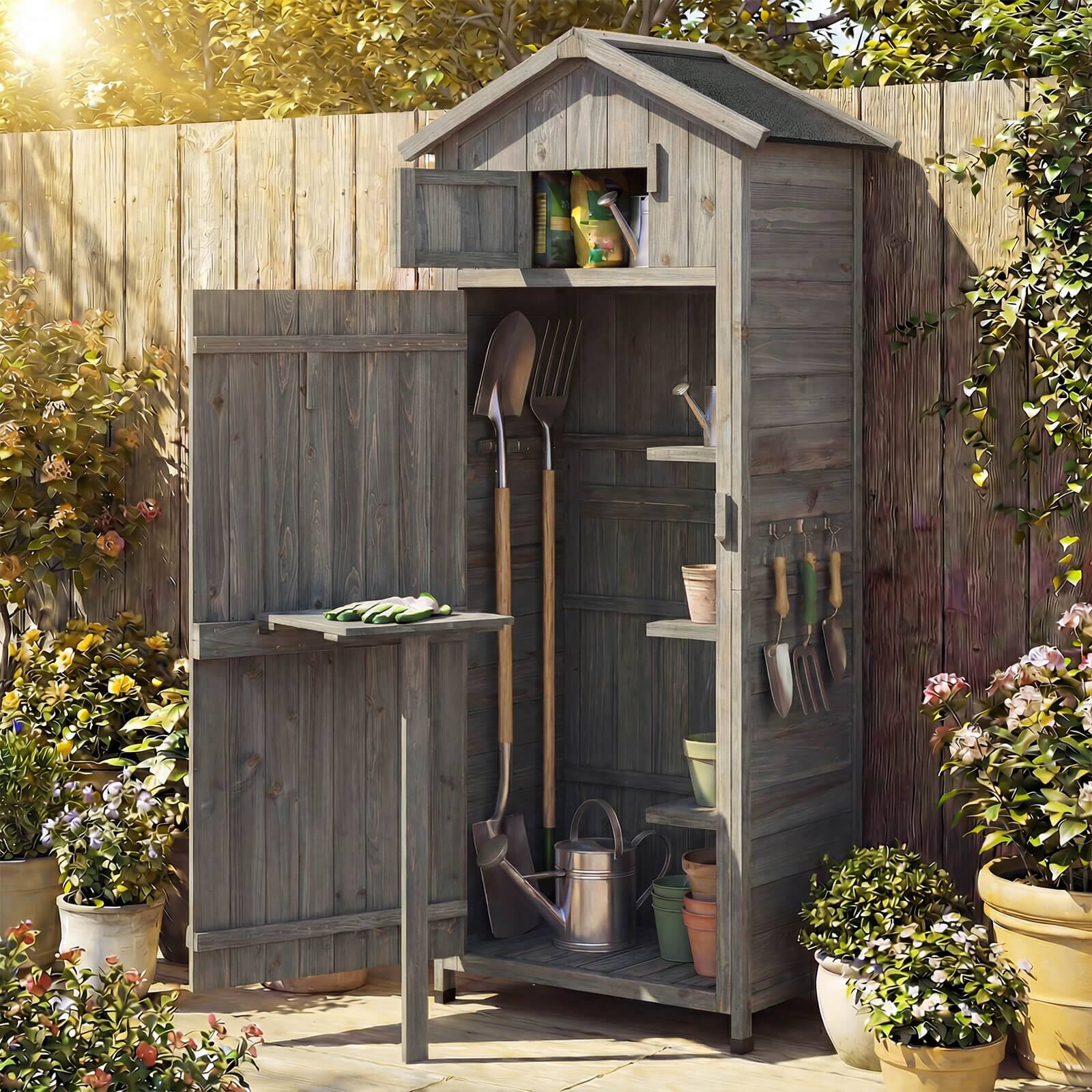 Alt View 1. Costway - Costway Wood Garden Storage Shed with Lockable Barn Door, Removable Shelves for Patio - Brown.