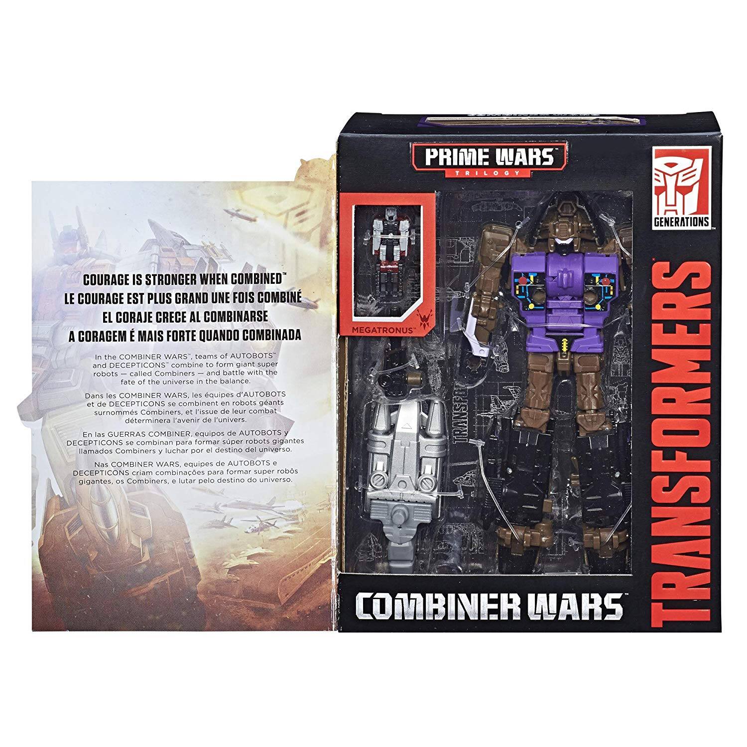 PRIME WARS TRILOGY GENERATIONS  
COURAGE IS STRONGER WHEN COMBINED  
LE COURAGE EST PLUS GRAND UNE FOIS COMBINÉ  
EL CORAJE CRECE AL COMBINARSE  
A CORAGEM É MAIS FORTE QUANDO COMBINADA  

In the COMBINER WARS, teams of AUTOBOTS and DECEPTICONS combine to form giant super robots called Combiners and battle with the fate of the universe in the balance.  
Dans les COMBINER WARS, les équipes d'AUTOBOTS et de DECEPTICONS se combinent en robots géants surnommés Combiners, et l'issue de leur combat déterminera l'avenir de l'univers.  
En las GUERRAS COMBINER, equipos de AUTOBOTS y DECEPTICONS se combinan para formar super robots gigantes, llamados Combiners, y luchar por el destino del universo.  

MEGATRONUS