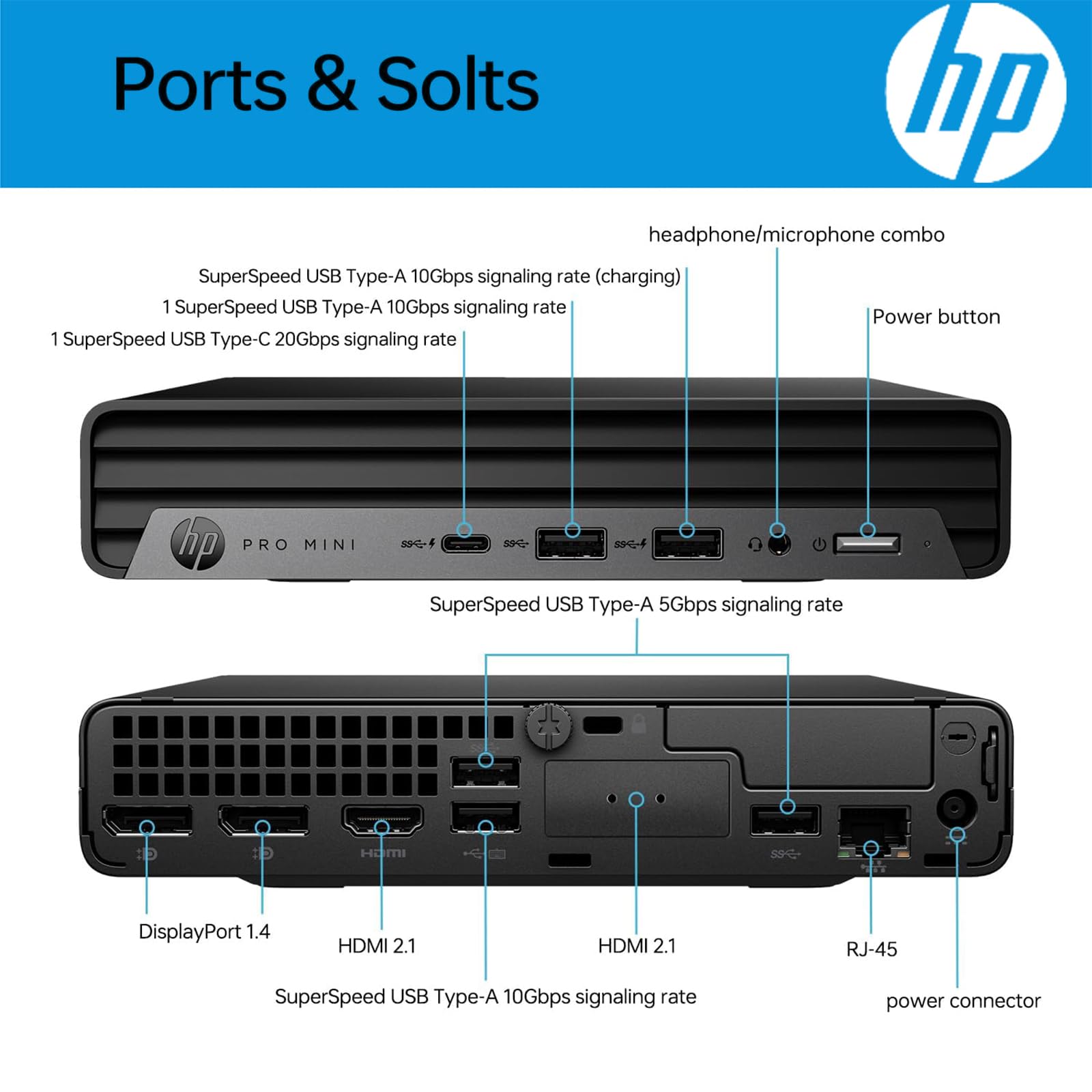 Ports & Slots

- headphone/microphone combo
- SuperSpeed USB Type-A 10Gbps signaling rate (charging) 1
- SuperSpeed USB Type-A 10Gbps signaling rate 1
- SuperSpeed USB Type-C 20Gbps signaling rate 1
- Power button
- SuperSpeed USB Type-A 5Gbps signaling rate 1
- DisplayPort 1.4
- HDMI 2.1
- HDMI 2.1
- RJ-45
- SuperSpeed USB Type-A 10Gbps signaling rate 1
- power connector

hp PRO MINI 50 S