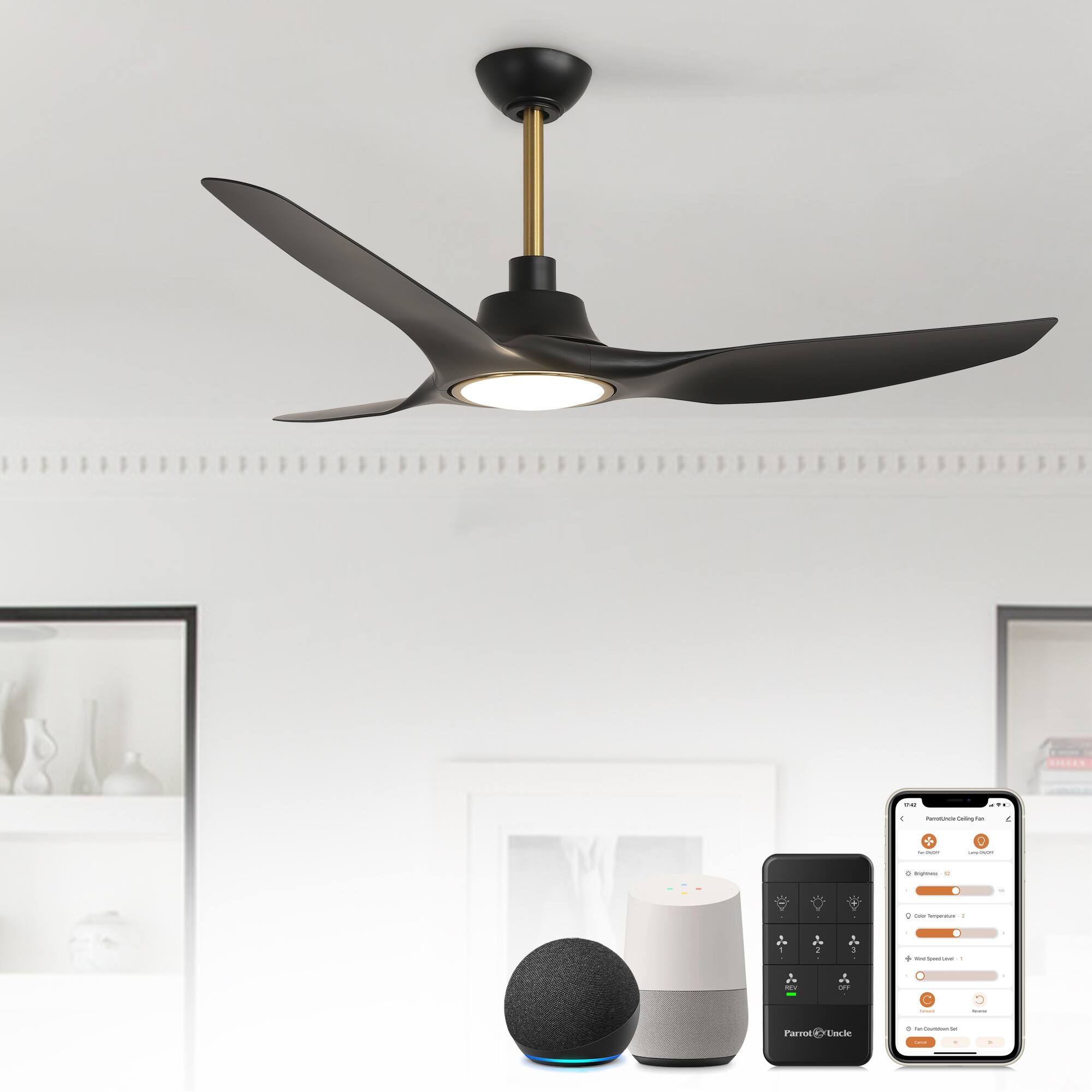 Parrot Uncle - 52" Modern Dimmable Propeller Smart Ceiling Fan with Light and Remote, App Control, Voice Control - Black