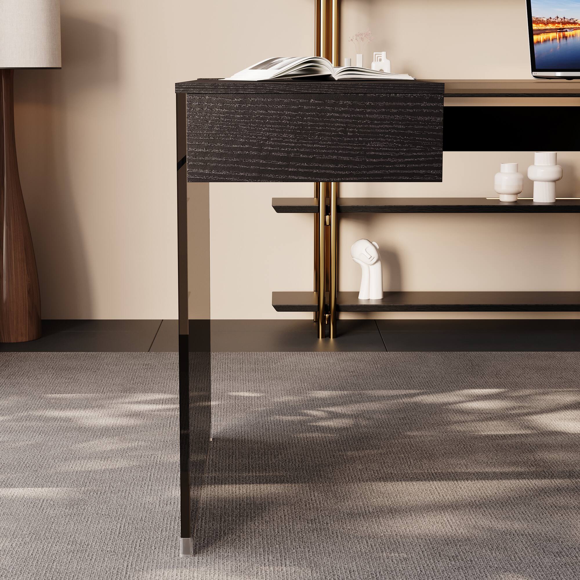 Alt View 3. luck idea - 53.14" Tempered Glass Desk With Storage Space - Black Glass.