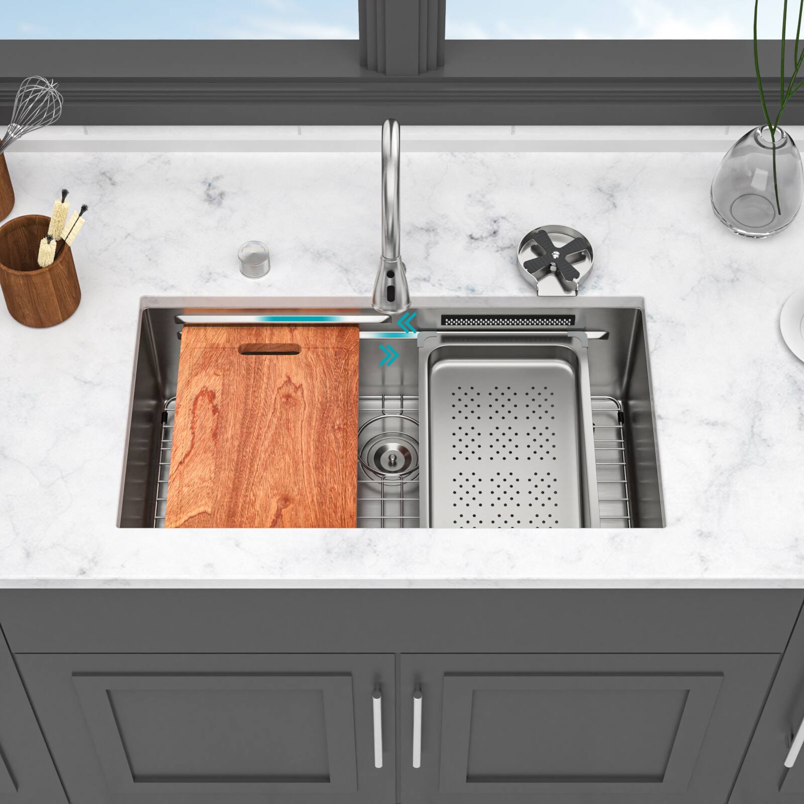 Left. APRILSOUL - 33 x 16.72 x 10 inch Single Bowl 16 Gauge Stainless Steel Ledge Workstation Sinks with Pull-Down Faucet and Cup Washer - Brushed Nickel.