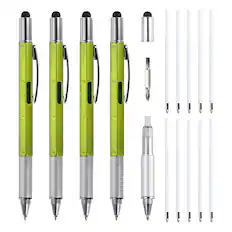 Front. Unique Bargains - 4pcs 6 in 1 Multitool Tech Tool Pen with Ballpoint Pen, Ruler, Screwdriver, Stylus, Level Gauge, Refills for Birthday - Green.