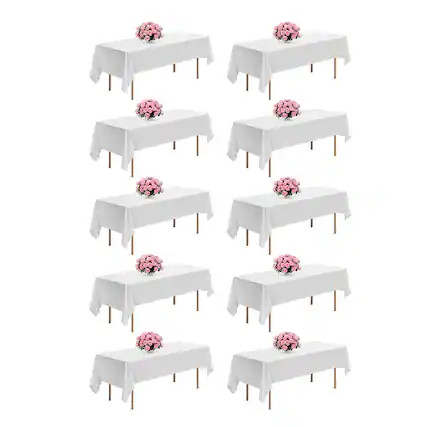 Front. VEVOR - White Tablecloths for Rectangle Tables, 10 Pack, 60 x 102 Inches, Reusable and Machine Washable Table Clothes - White.