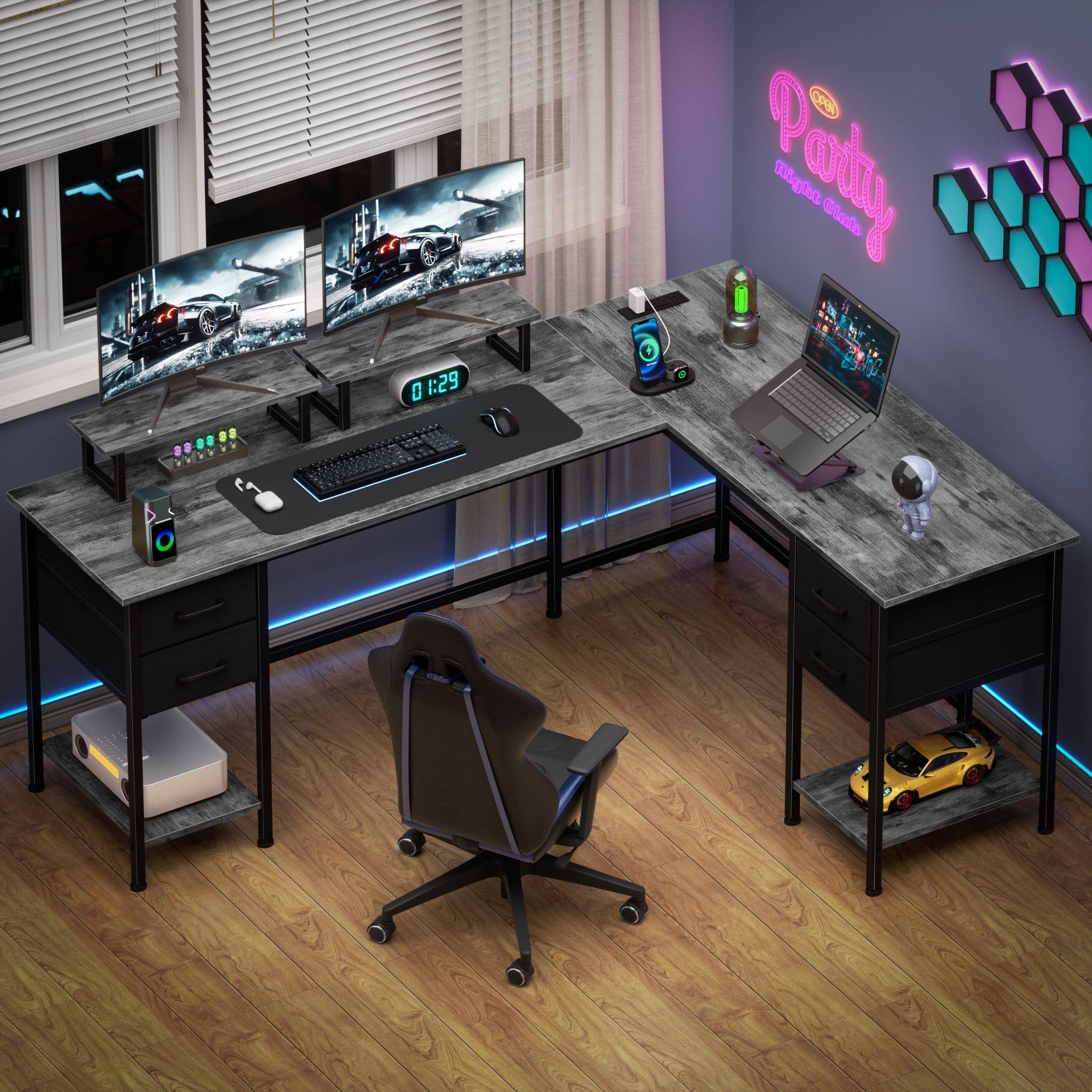 Furnulem - 66 Inch LShaped Corner Computer Desk with Builtin Power Outlet for Home Office - Gray