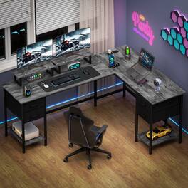 Furnulem - 66 Inch LShaped Corner Computer Desk with Builtin Power Outlet for Home Office - Gray