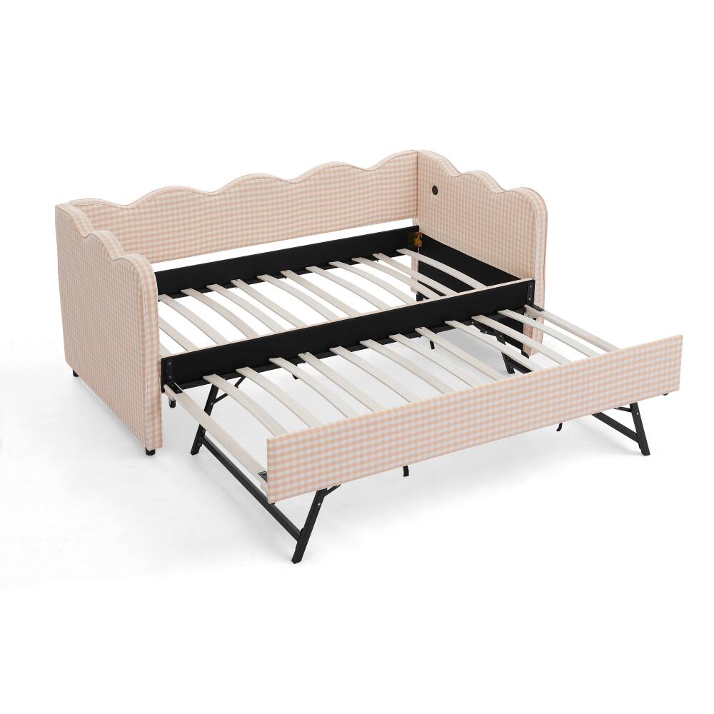 Alt View 7. JUJABU - Pink Cozy Gingham Daybed with Twin Size Trundle No Box Spring Needed, with USB Port and Adorable Wave Shaped - Pink.