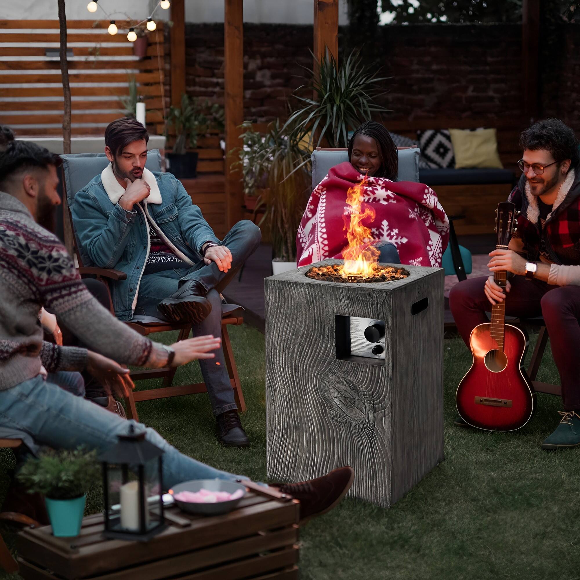 Angle. SKONYON - Outdoor Propane Fire Pit with 30000 BTU Output Lava Rocks and Weatherproof Cover.