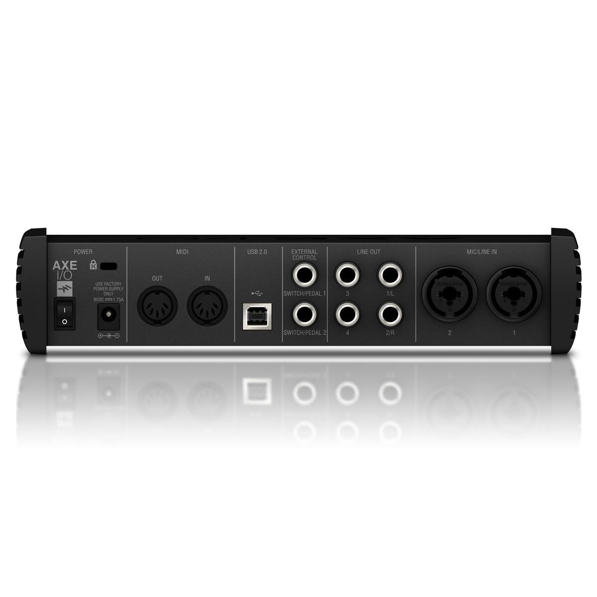 POWER AXE I/O  
USE FACTORY POWER SUPPLY ONLY  
MIDI OUT MIDI IN  
USB 2.0 EXTERNAL CONTROL SWITCH/PEDAL 1  
LINE OUT 1/L 2/R  
MIC/LINE IN  
SWITCH/PEDAL 2