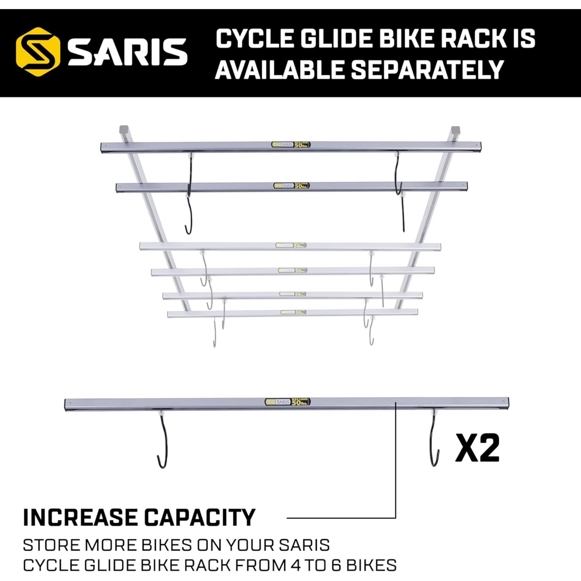 CYCLE GLIDE BIKE RACK IS AVAILABLE SEPARATELY

INCREASE CAPACITY
STORE MORE BIKES ON YOUR SARIS CYCLE GLIDE BIKE RACK FROM 4 TO 6 BIKES