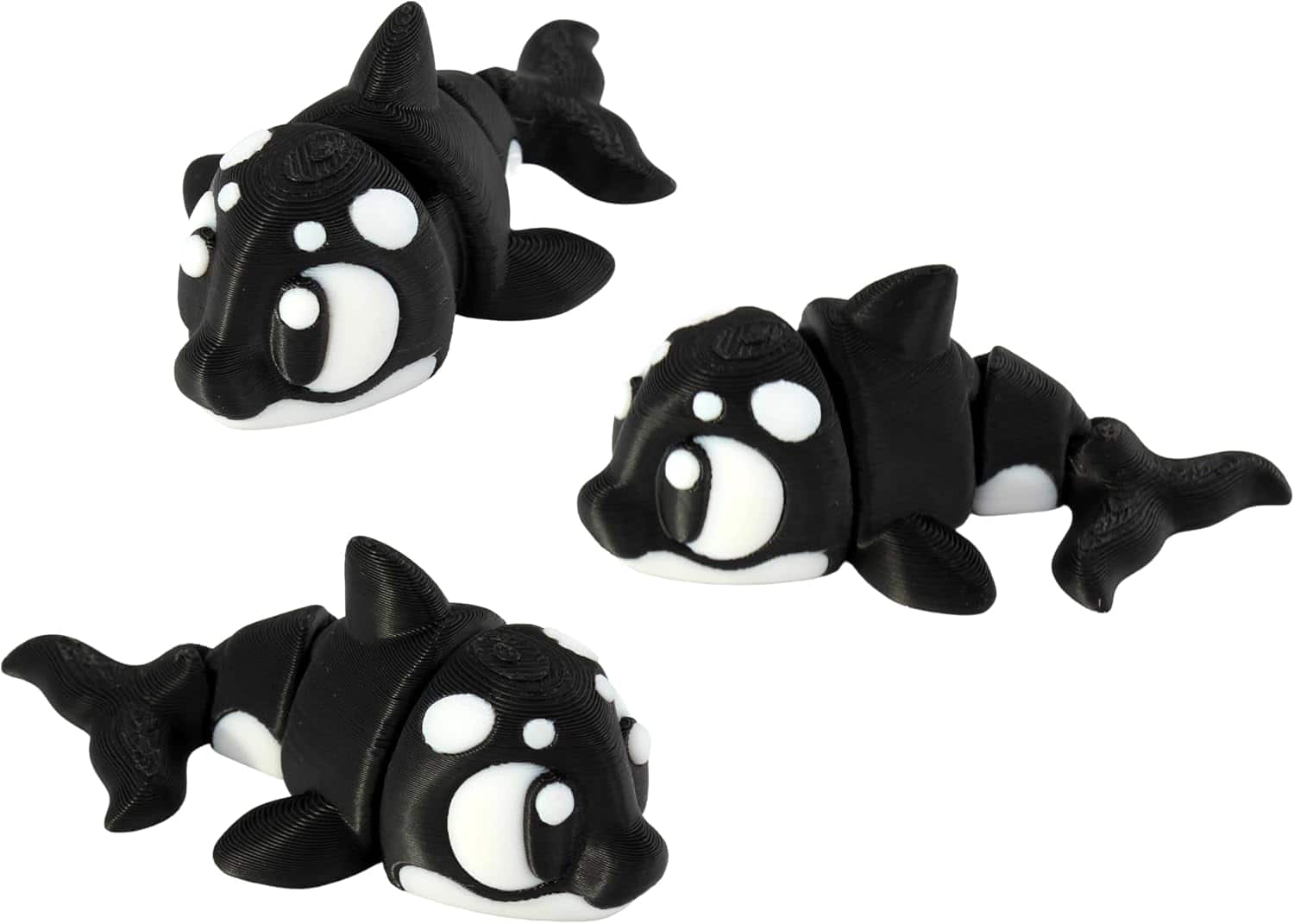 JuzToys - 3D Printed Articulated Orca Killer Whale Fidget Toy 3 Pack, Flexible Cute Animal Desk Decor Collectible by PowerTRC - Multicolored