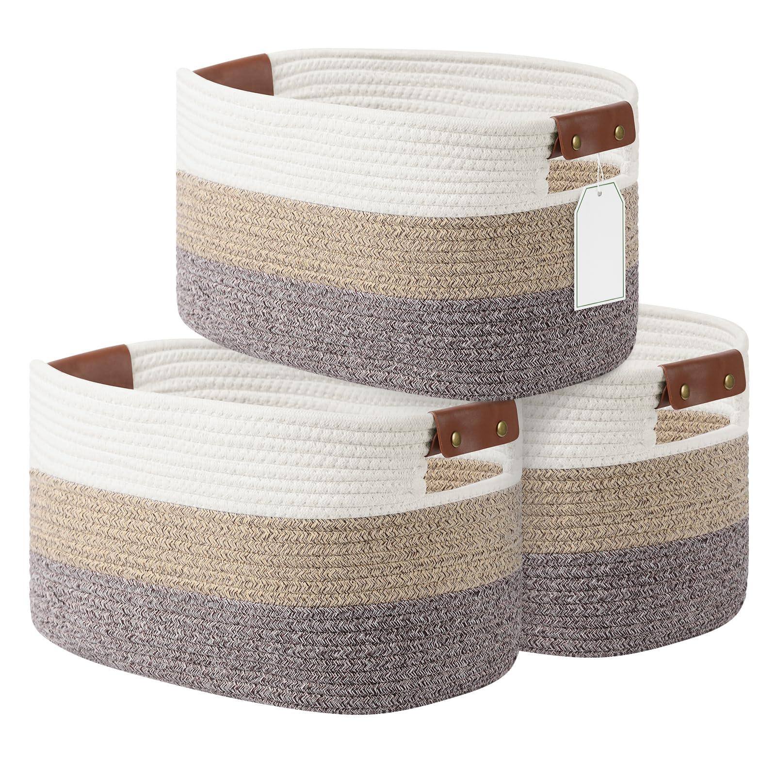 Front. Dapper Styles - Cotton Rope Basket Storage Baskets With Handle Woven For Shelves Laundry Towels Clothes Books Toys - Gradient Brown-3 Pack-15x10x9 inches.