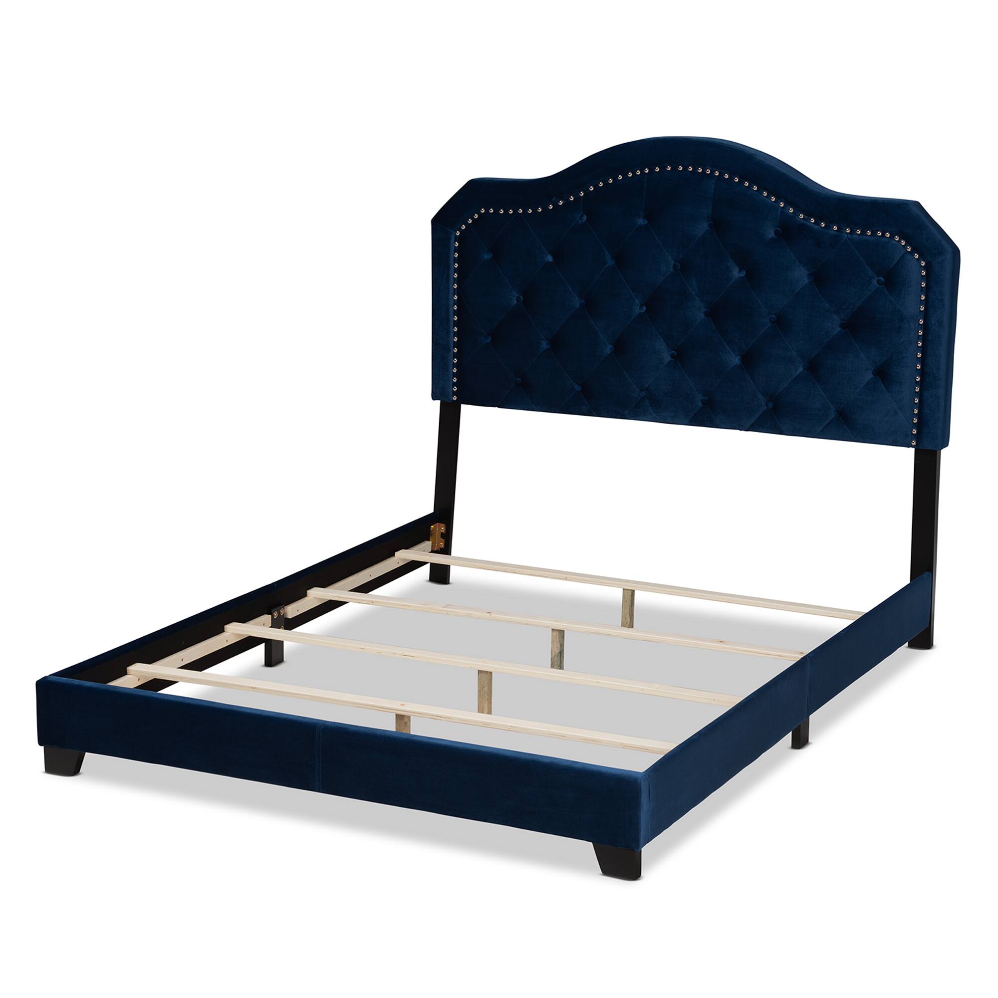 Left. Baxton Studio - Samantha Modern and Contemporary Velvet Fabric Upholstered Queen Size Button Tufted Bed - Navy Blue/Black.