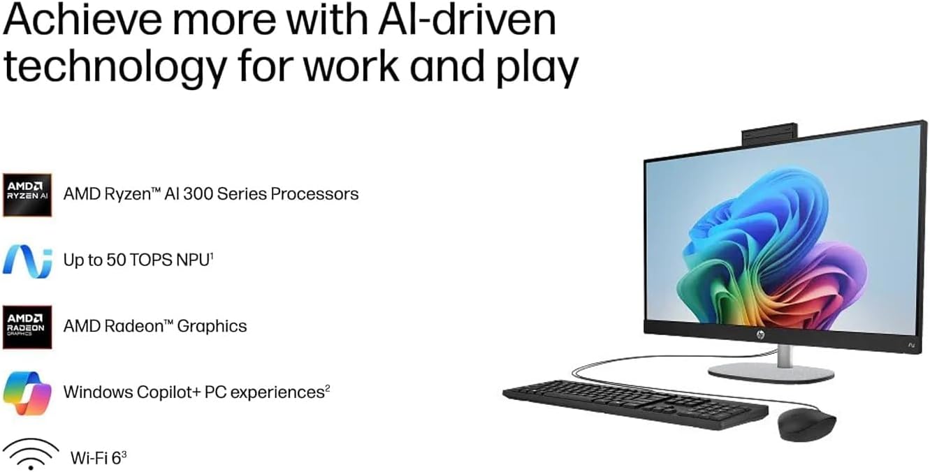 Achieve more with AI-driven technology for work and play

AMD Ryzen™ AI 300 Series Processors  
Up to 50 TOPS NPU*

AMD Radeon™ Graphics

Windows Copilot+ PC experiences*

Wi-Fi 6*