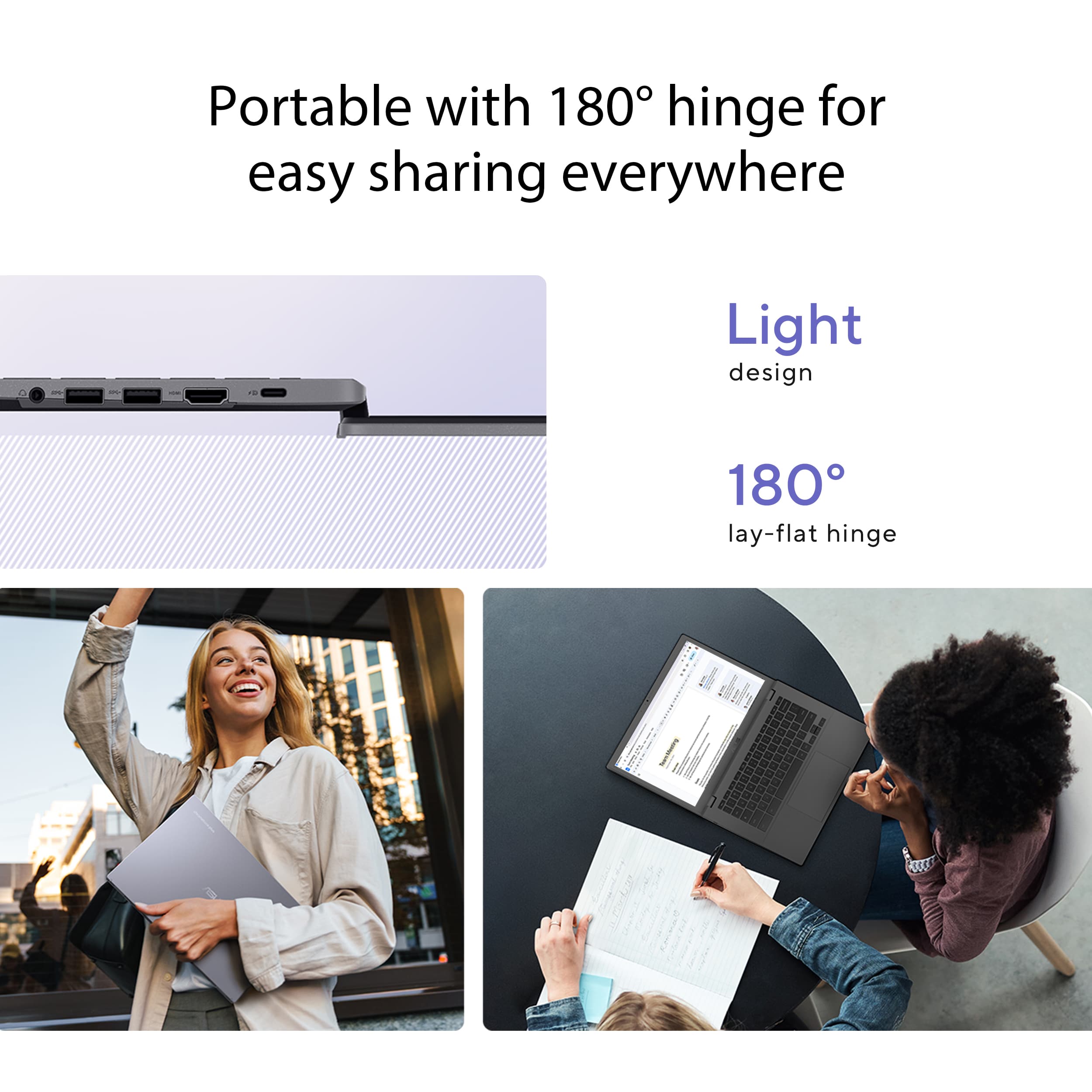 Portable with 180 hinge for easy sharing everywhere - Light design 180 lay-flat hinge.