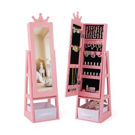 Gymax - Kids Jewelry Cabinet w/ Full-Length Mirror Foldable Drawer Anti-toppling System - Pink