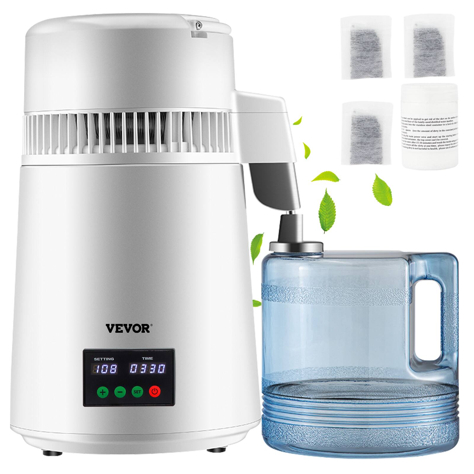 VEVOR - 1.1Gal Water Distiller, 0.3Gal/H, 750W Distilled Water Maker Machine 0-99H Timing Set Temp Display - White