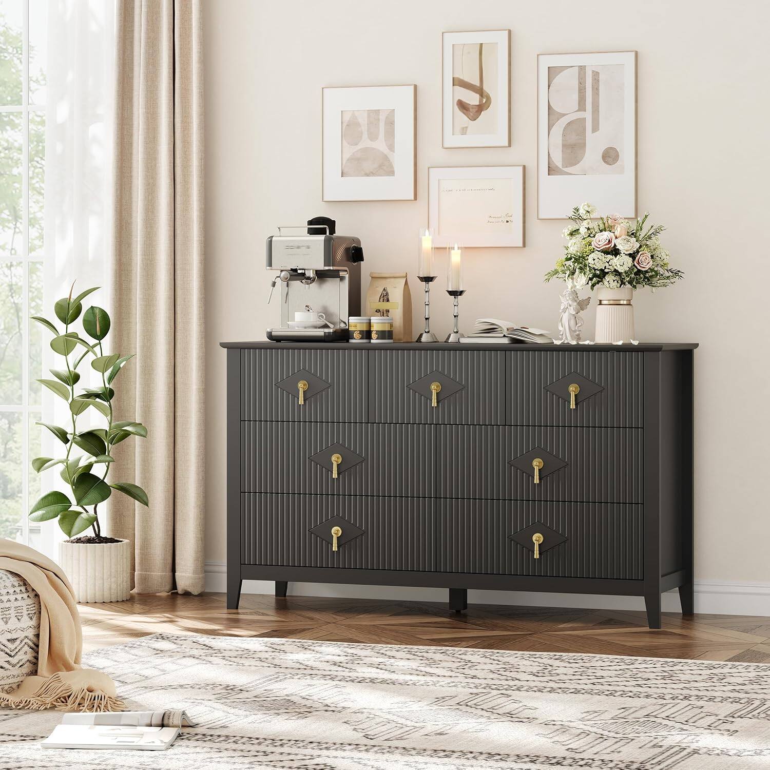 Alt View 4. Qeetex - Modern Dresser for Bedroom, 54" Wide 7-Drawer Chest, Wood Storage Dresser with Fluted Design, TV Stand and Organizer - Black.