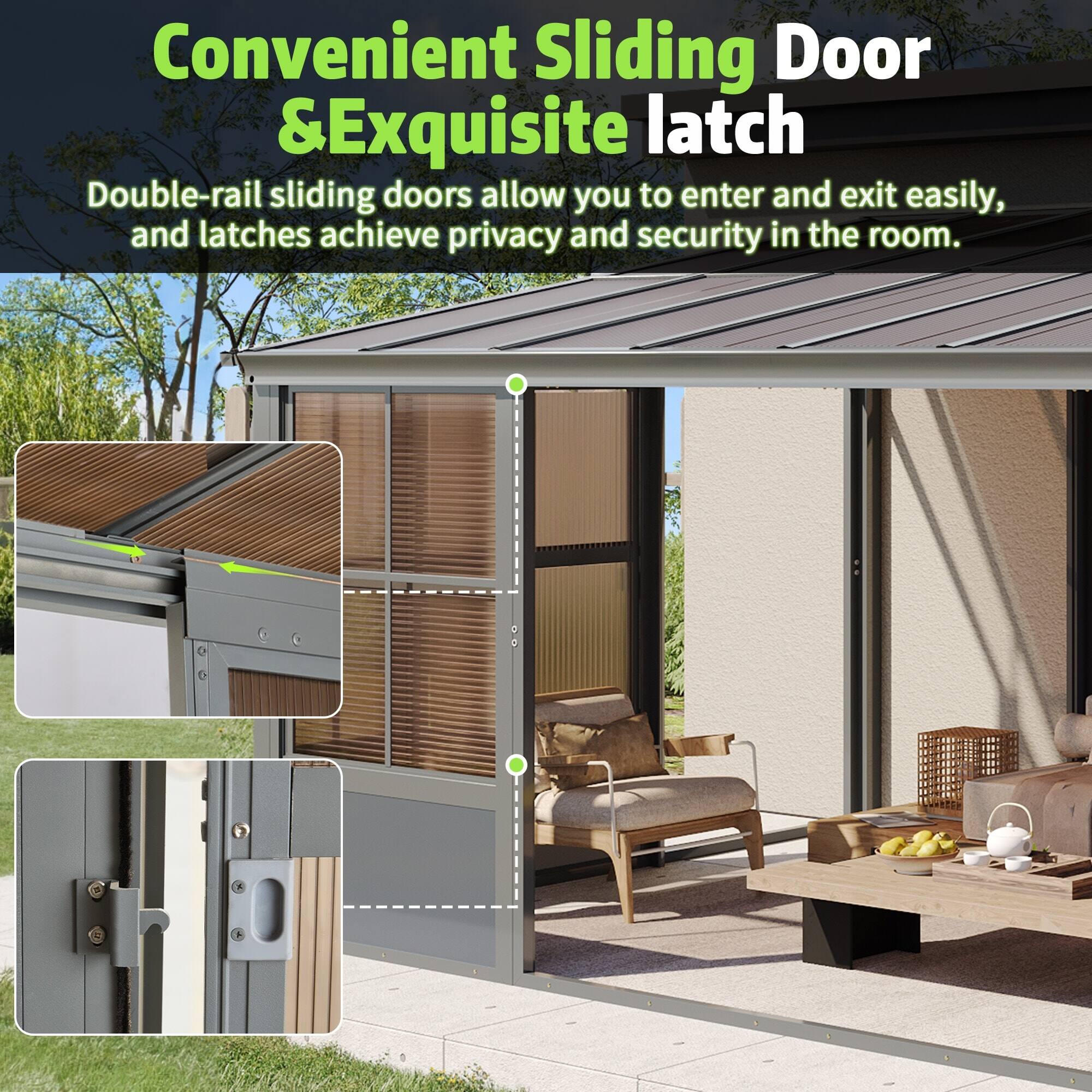 Convenient Sliding Door & Exquisite Latch

Double-rail sliding doors allow you to enter and exit easily, and latches achieve privacy and security in the room.