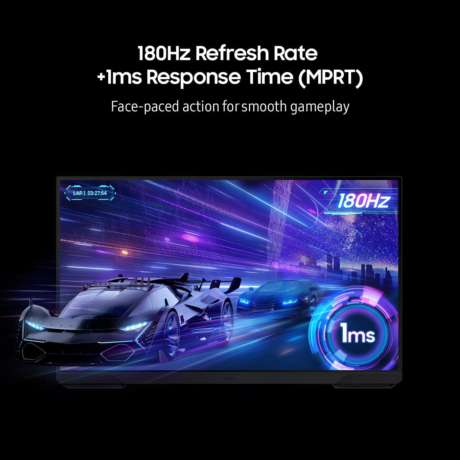The text on the image reads: "180Hz Refresh Rate +1ms Response Time (MPRT) Face-paced action for smooth gameplay."