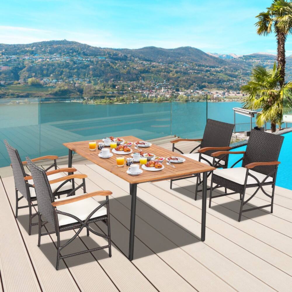 Angle. Mondawe - 5/7-Piece Outdoor Dining Set with Acacia Wood Table - Natural+Black+Mix Brown.