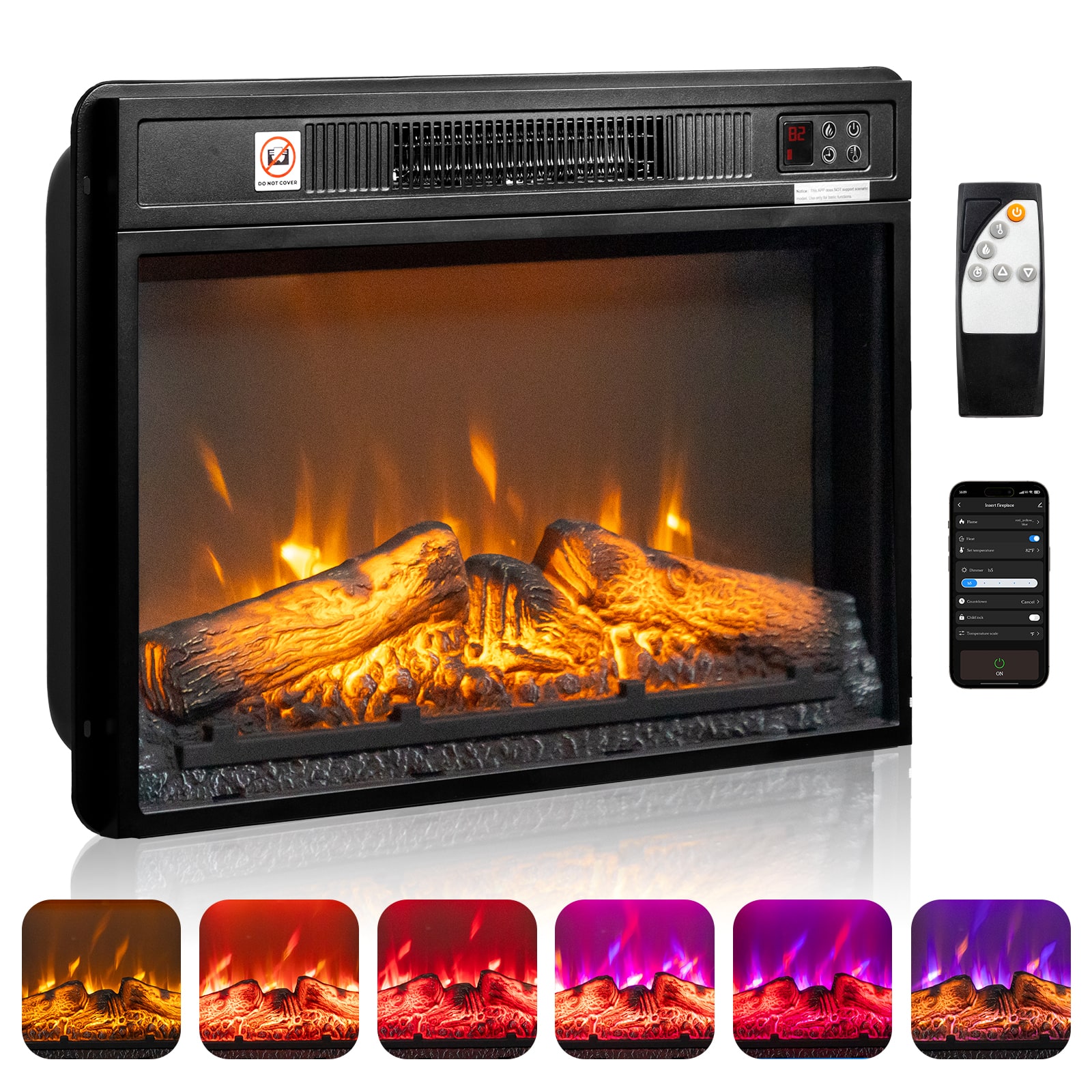 Front. Winado - 26" WiFi Smart Electric Fireplace Insert, 1400W Wall Recessed Fireplace Heater with 7 Flame Settings, Remote Control - Black.