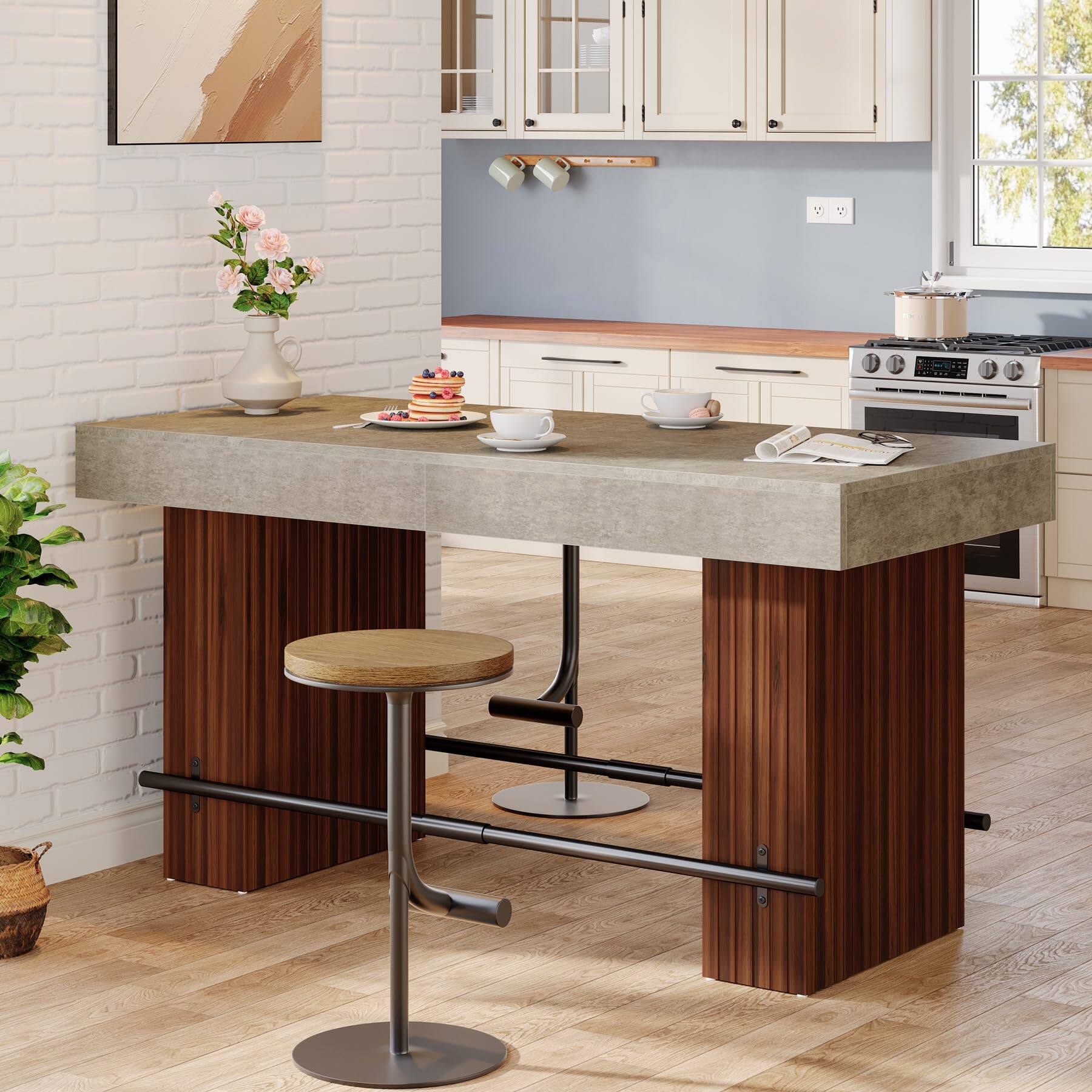 Alt View 2. Tribesigns - 62.2" Dining Table for 4-6, Counter Height Dining Room Table - Gray Cement and Red Brown.