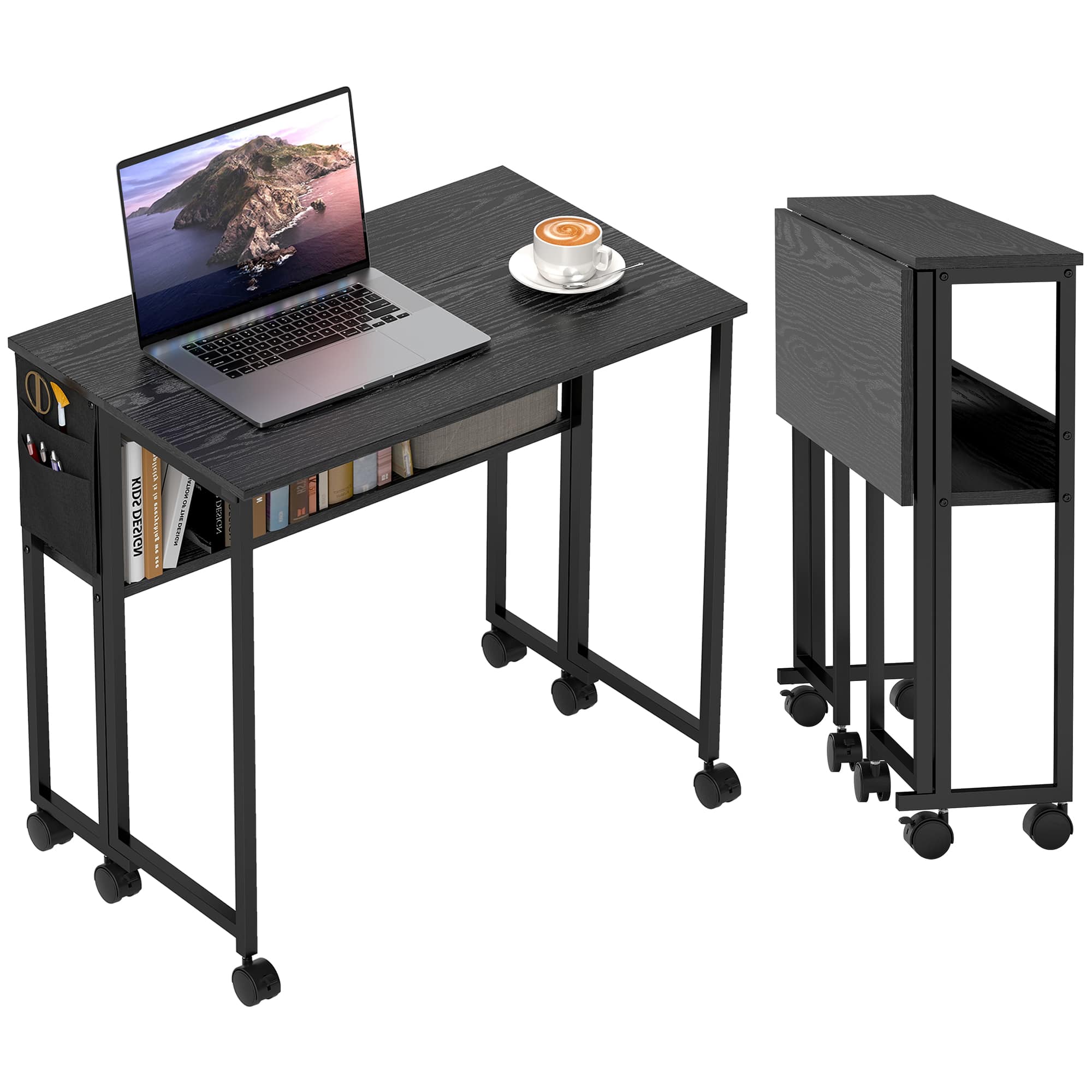 Homcom - Small Folding Desk, Rolling Computer Desk Foldable with Storage Bag and Shelf, 31.5" Portable Writing Table - Black