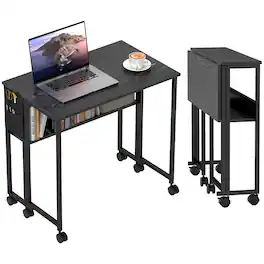 Homcom - Small Folding Desk, Rolling Computer Desk Foldable with Storage Bag and Shelf, 31.5" Portable Writing Table - Black