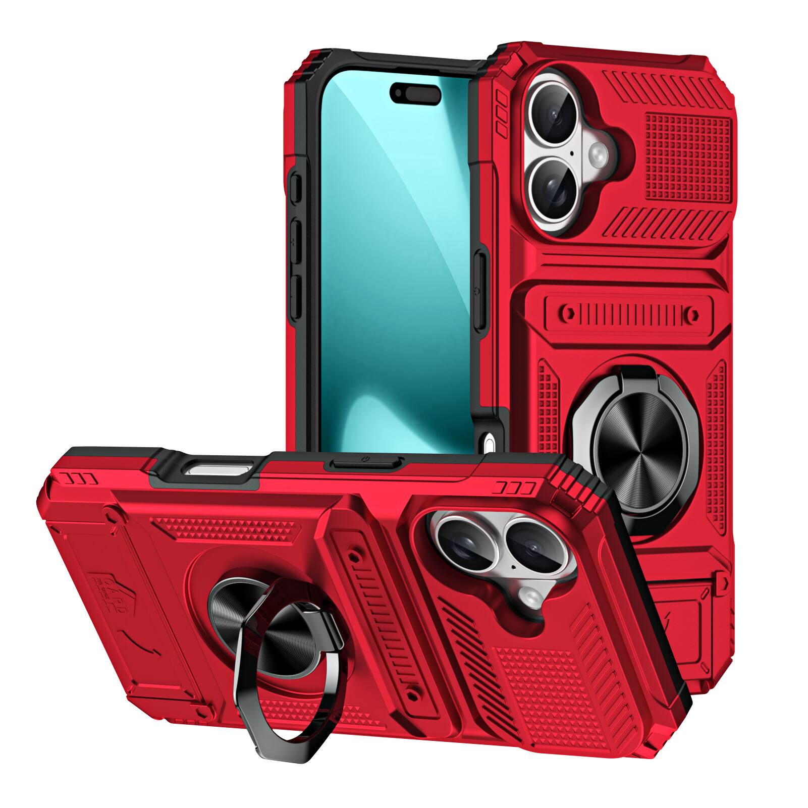 Front. Dteck - Rugged Case For Apple iPhone 17 Ring Holder Kickstand Magnetic Car Mount Hidden Card Slot Shockproof Cover - Red.